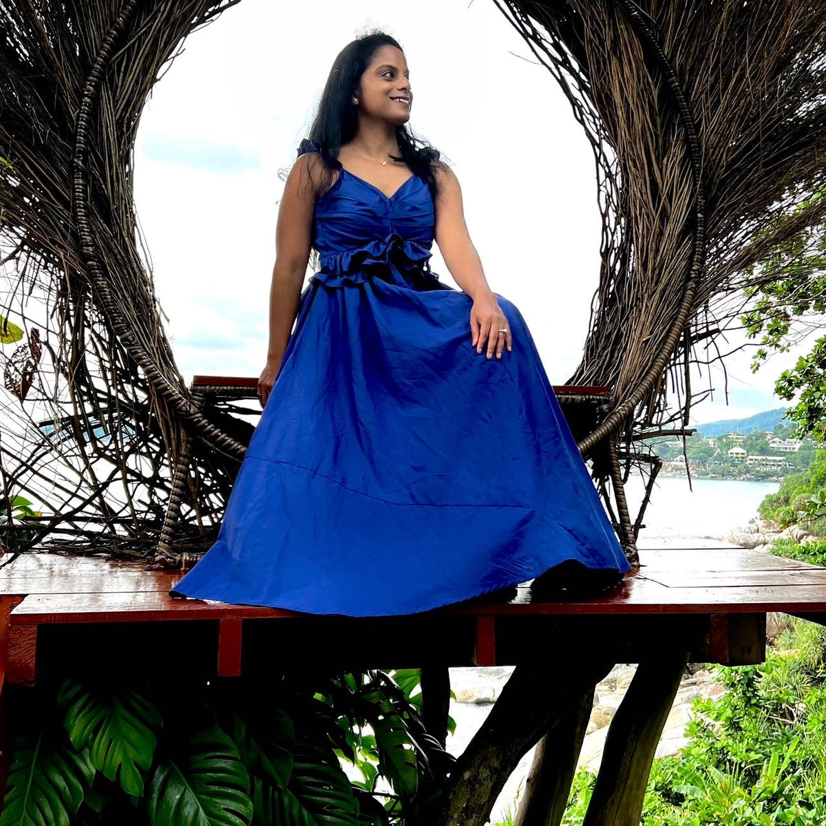 Classic Blue Ruffled Waist Cut Out Maxi Dress – Kaoribyshreya