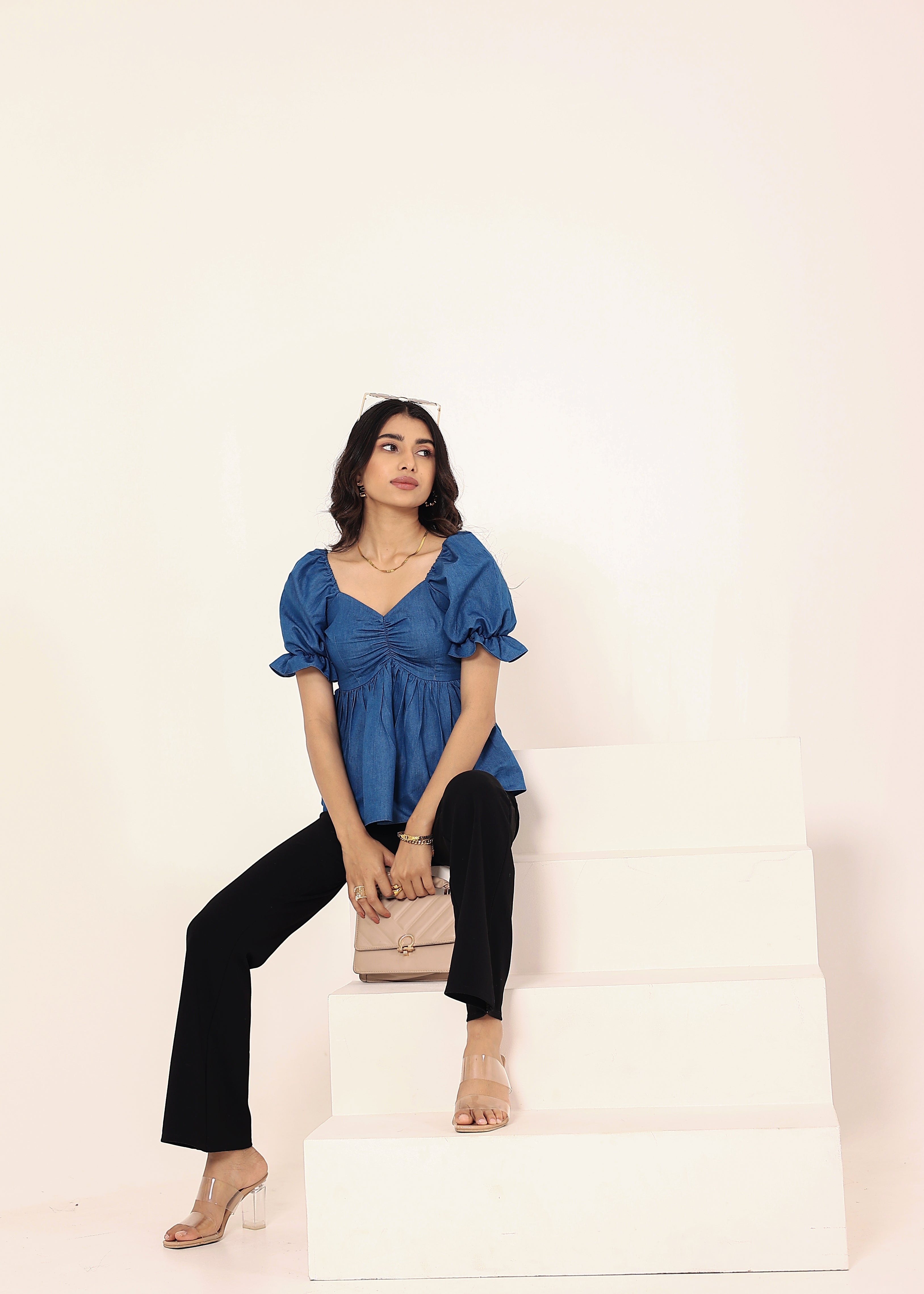 Blue Cotton Denim Puff Sleeve Flared Top - Kaoribyshreya