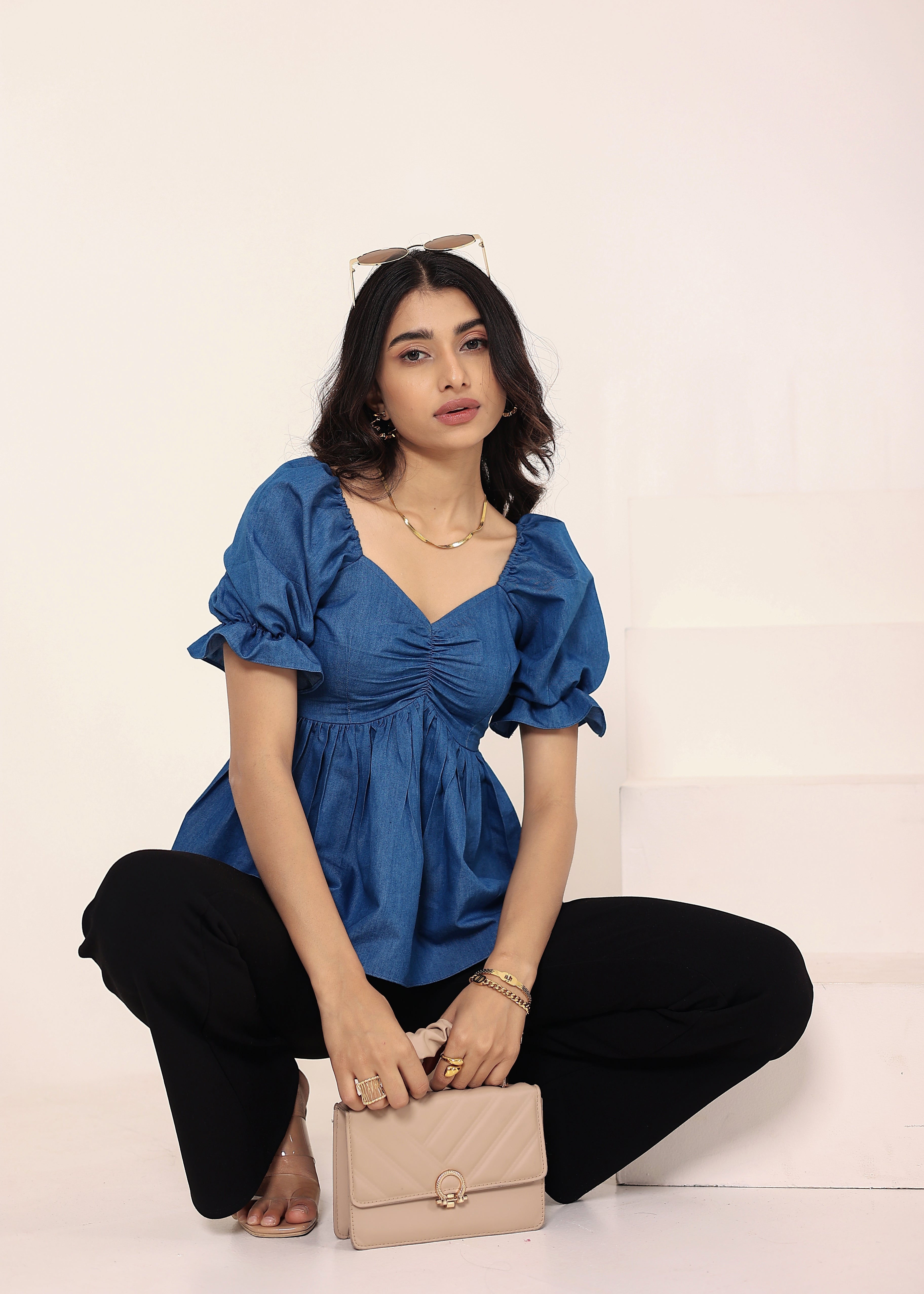 Blue Cotton Denim Puff Sleeve Flared Top - Kaoribyshreya