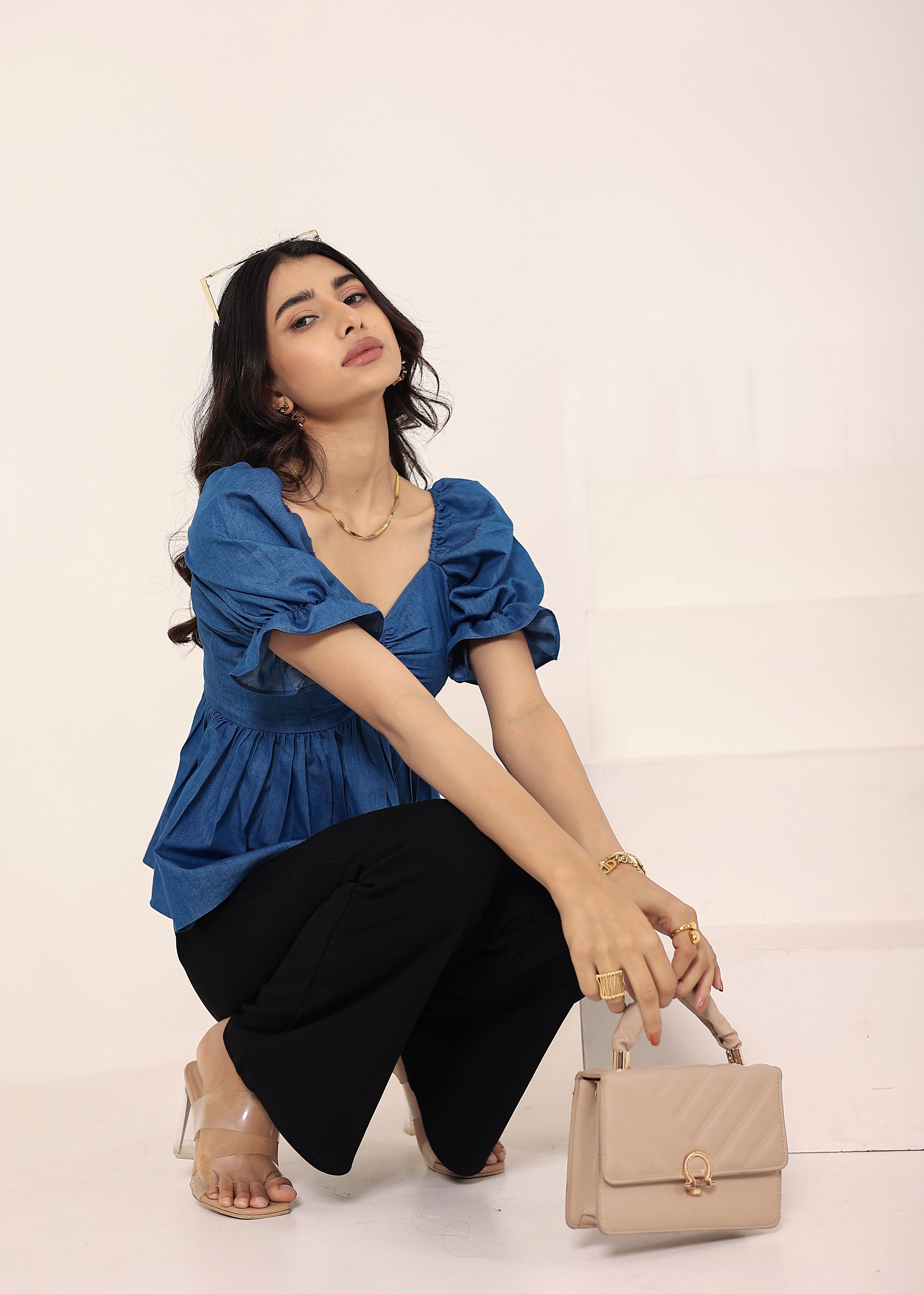 Blue Cotton Denim Puff Sleeve Flared Top - Kaoribyshreya