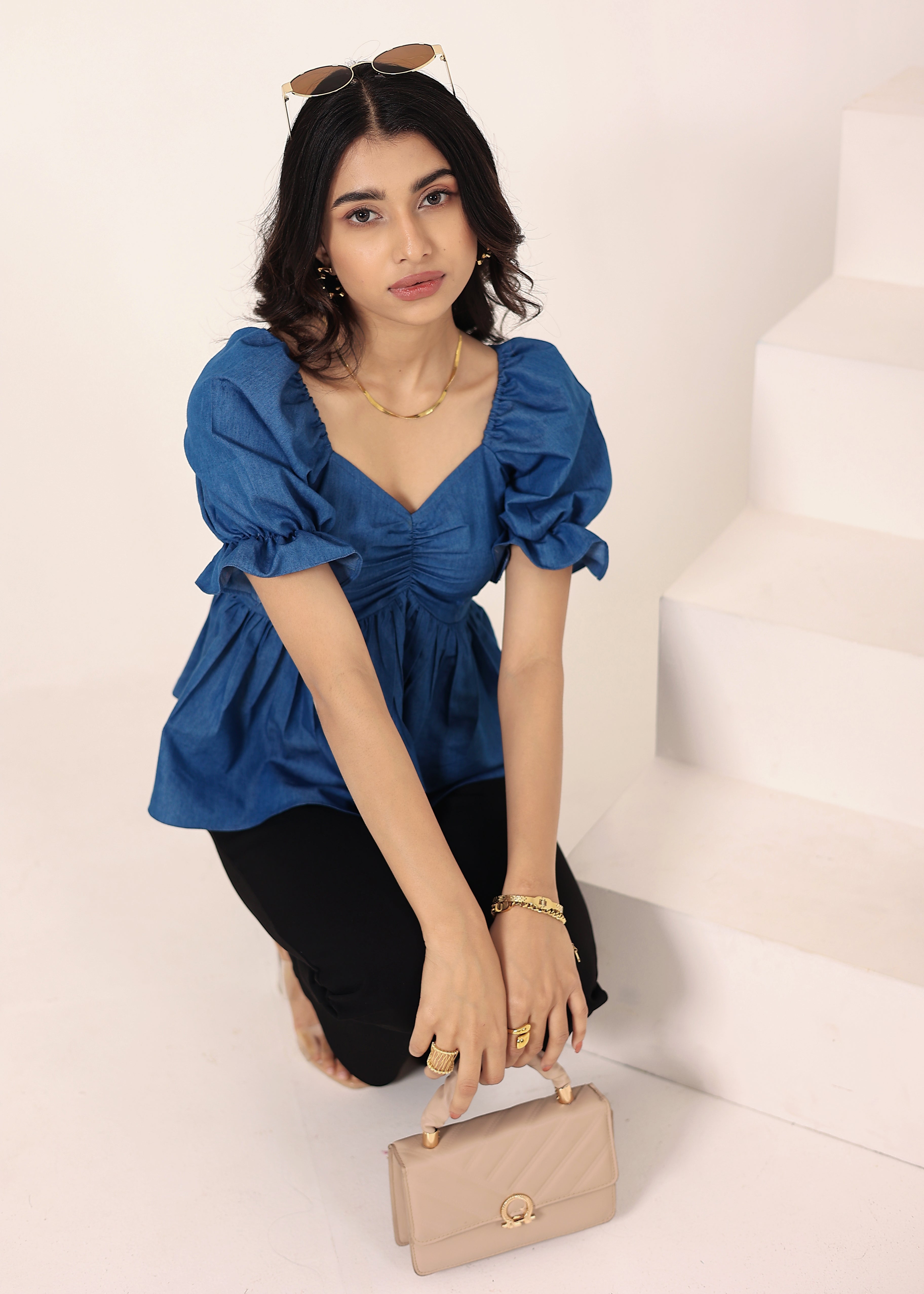 Blue Cotton Denim Puff Sleeve Flared Top - Kaoribyshreya