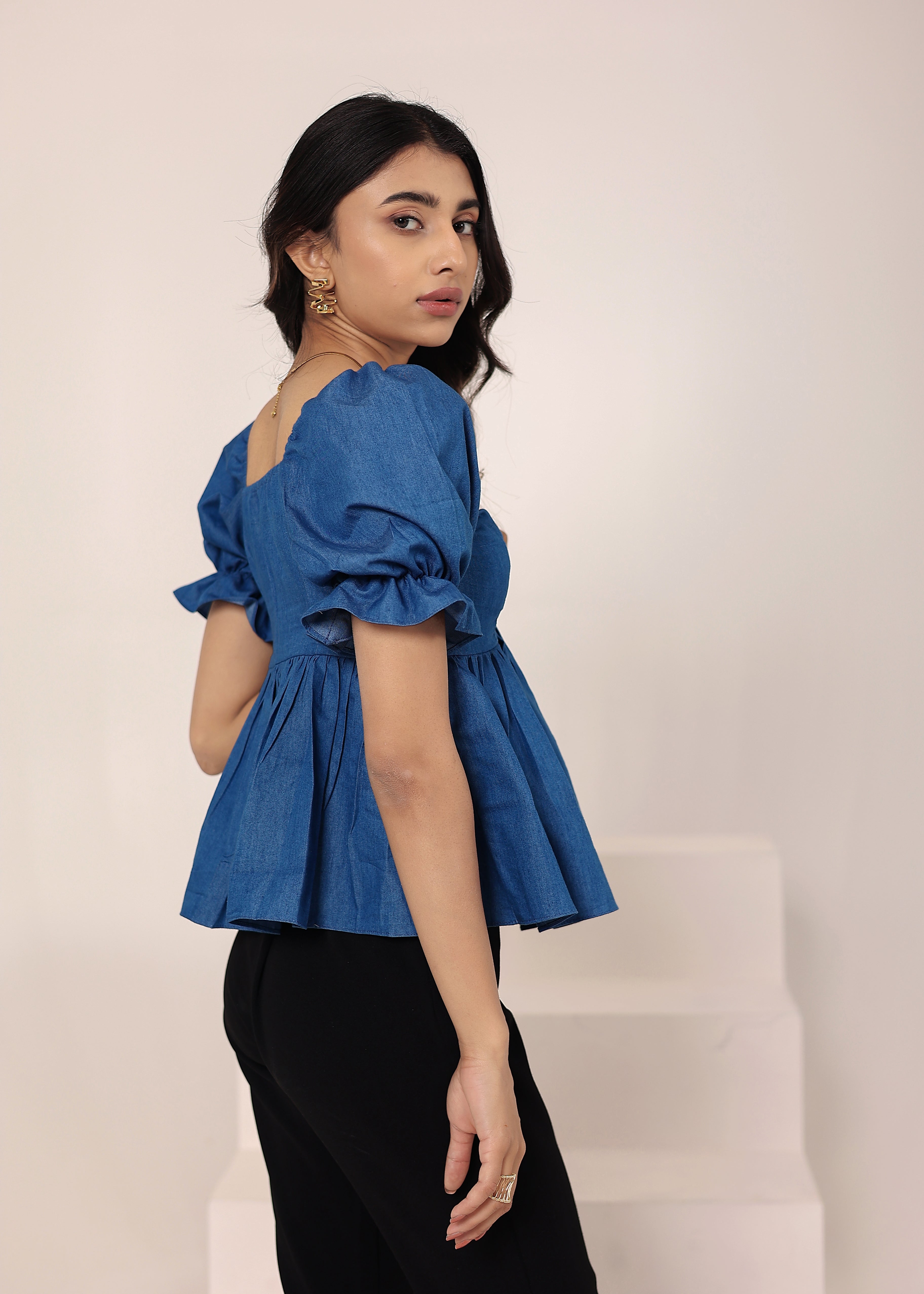 Blue Cotton Denim Puff Sleeve Flared Top - Kaoribyshreya