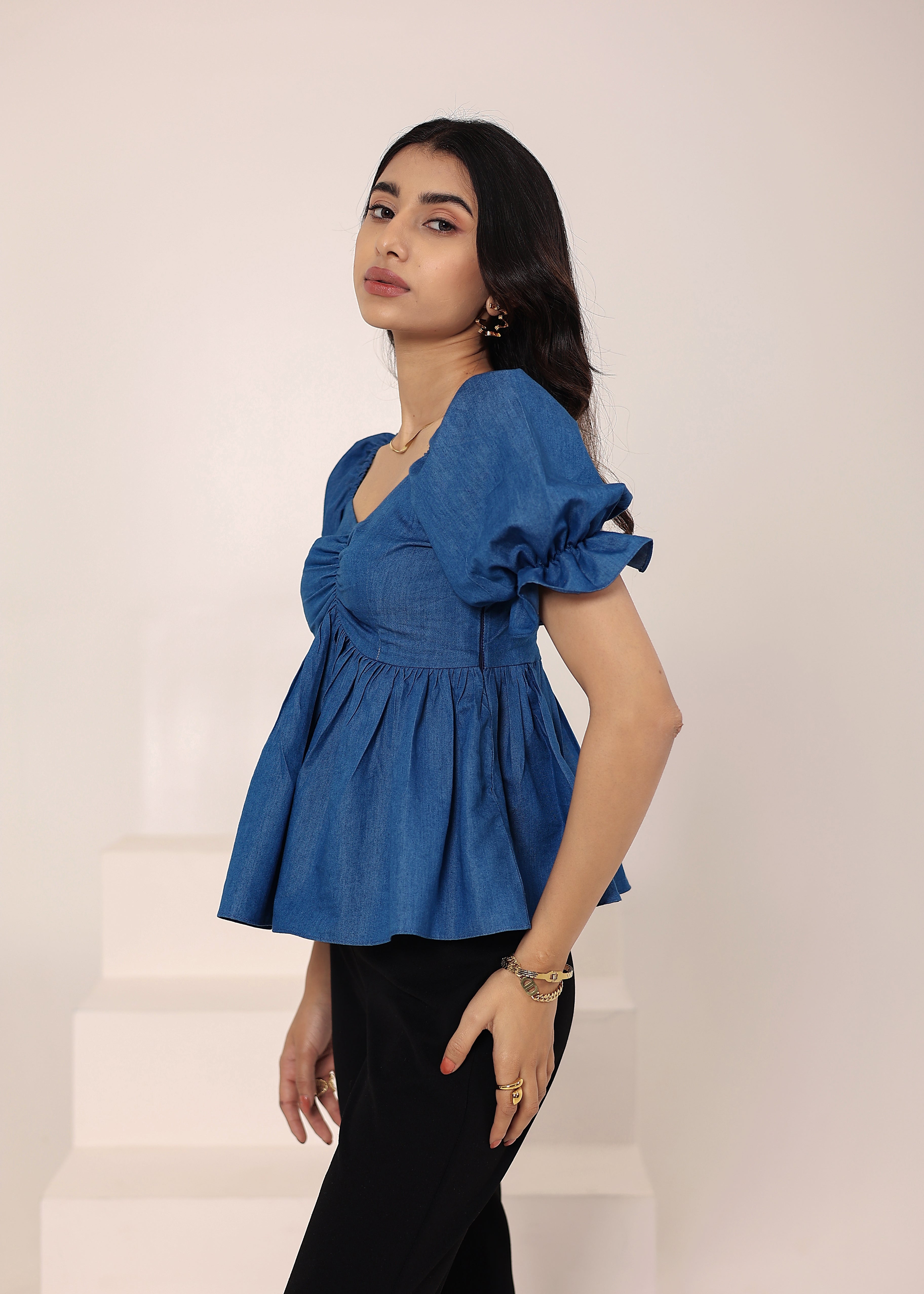 Blue Cotton Denim Puff Sleeve Flared Top - Kaoribyshreya