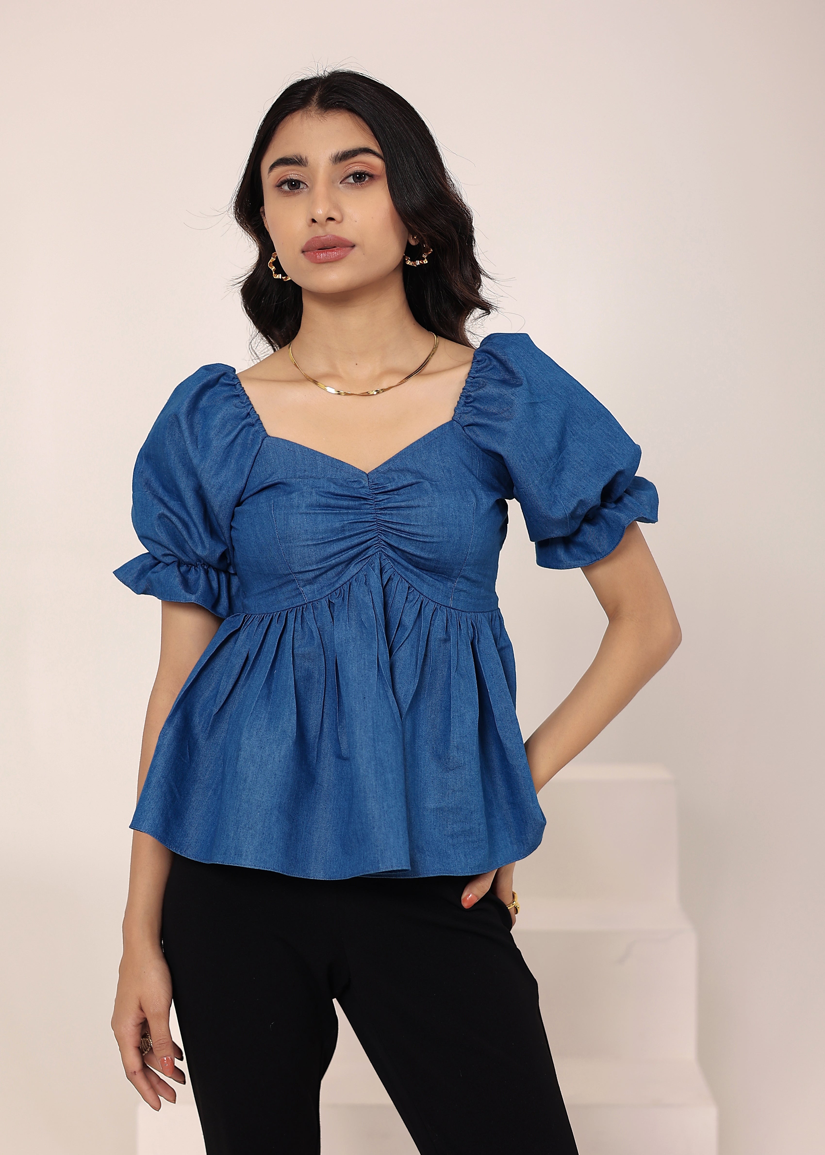 Blue Cotton Denim Puff Sleeve Flared Top - Kaoribyshreya