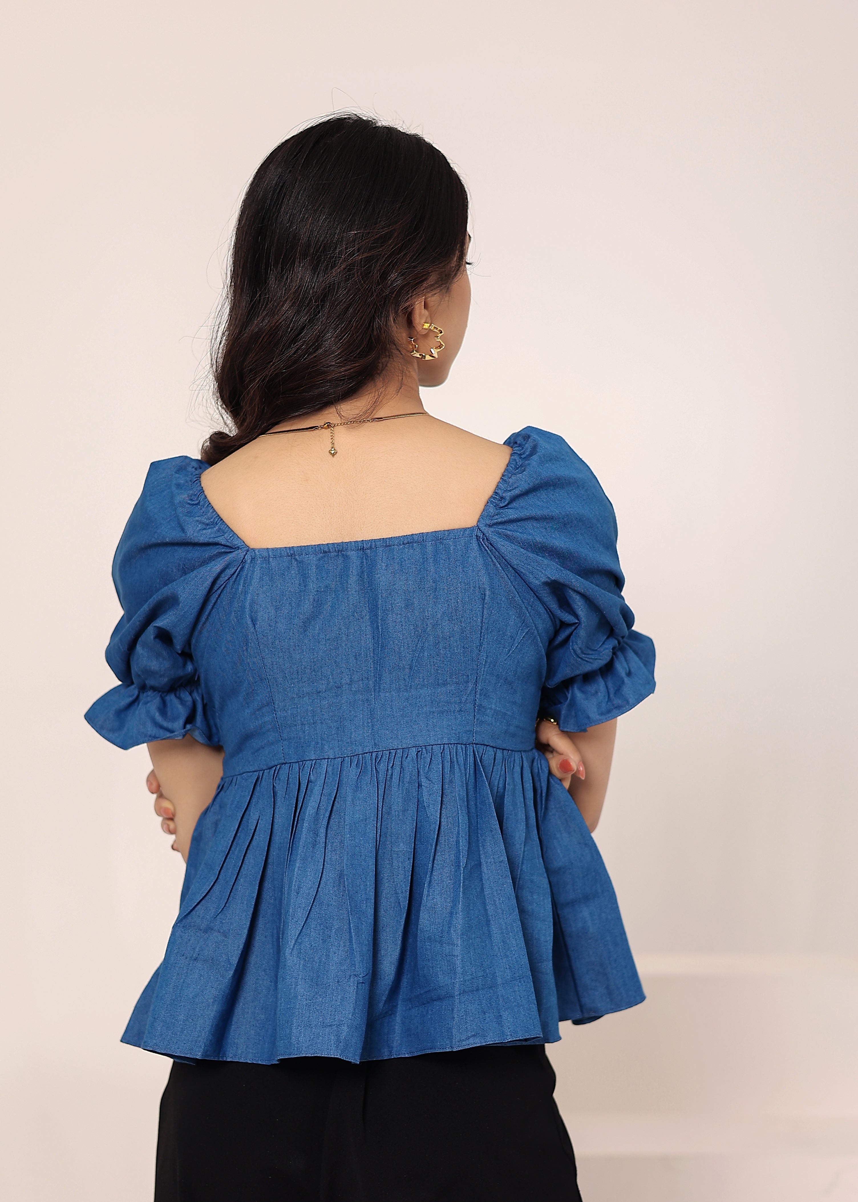 Blue Cotton Denim Puff Sleeve Flared Top - Kaoribyshreya