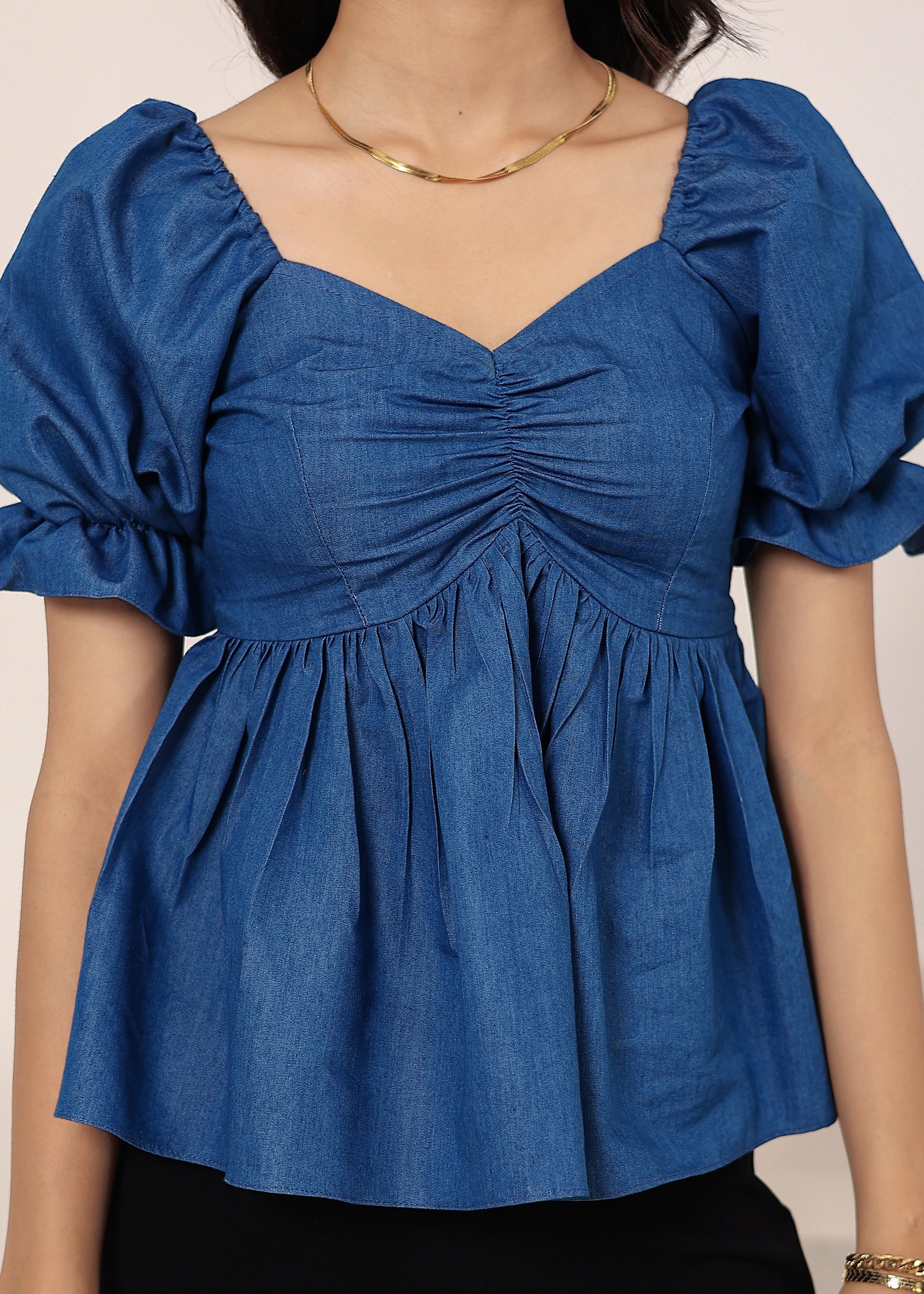 Blue Cotton Denim Puff Sleeve Flared Top - Kaoribyshreya