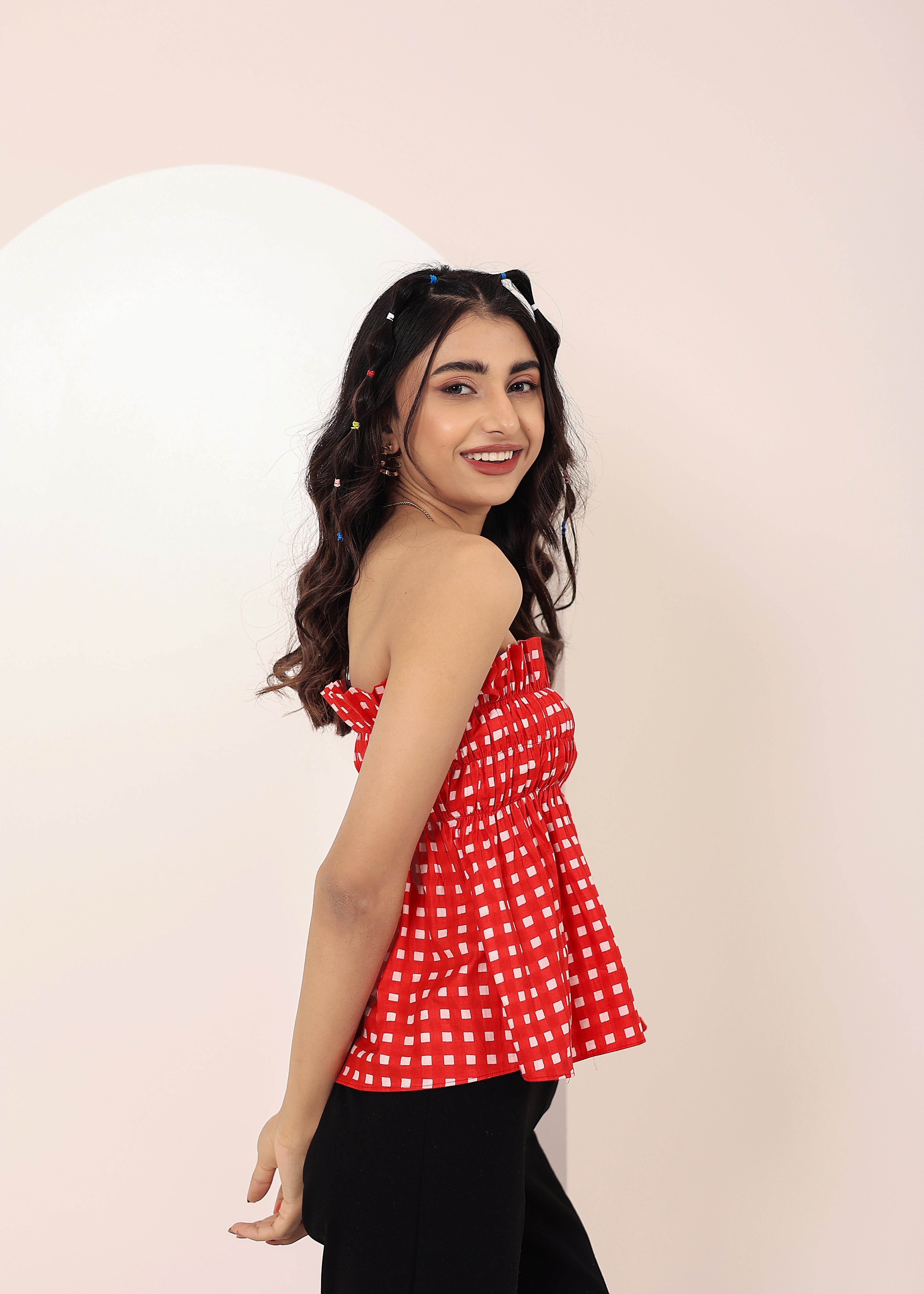 Red & White Gingham smoked ruffled Tube Top - Kaoribyshreya