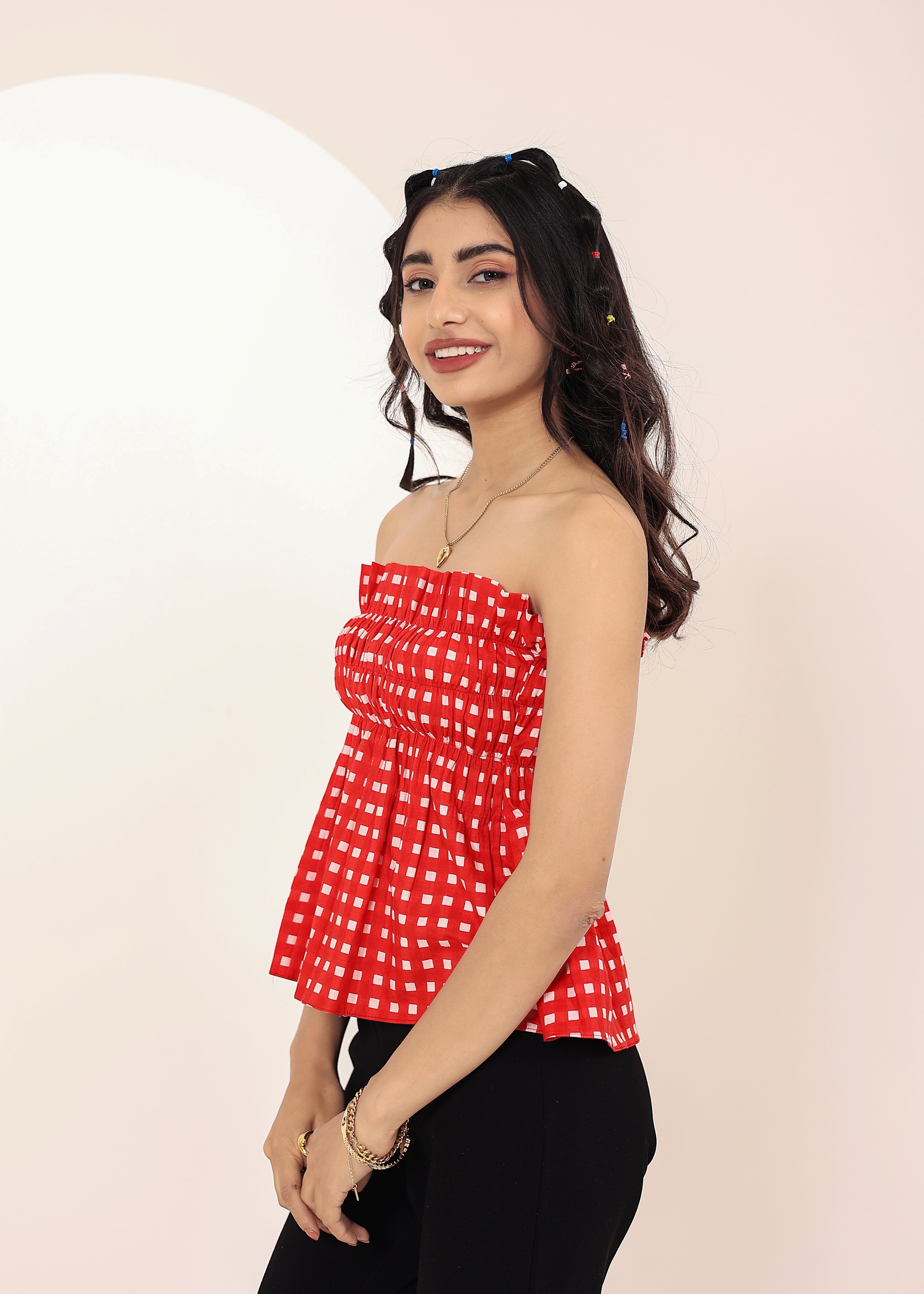 Red & White Gingham smoked ruffled Tube Top - Kaoribyshreya