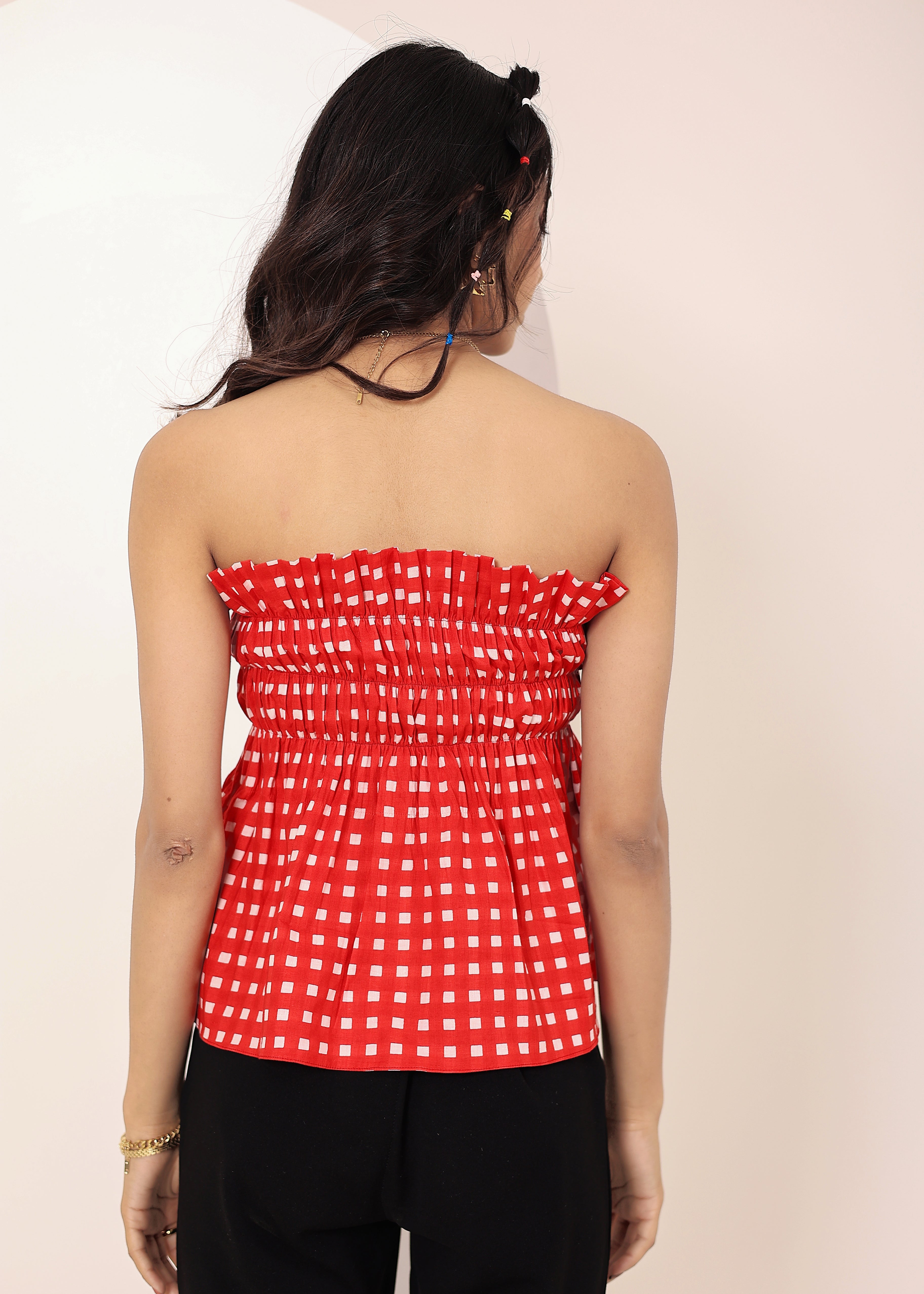 Red & White Gingham smoked ruffled Tube Top - Kaoribyshreya