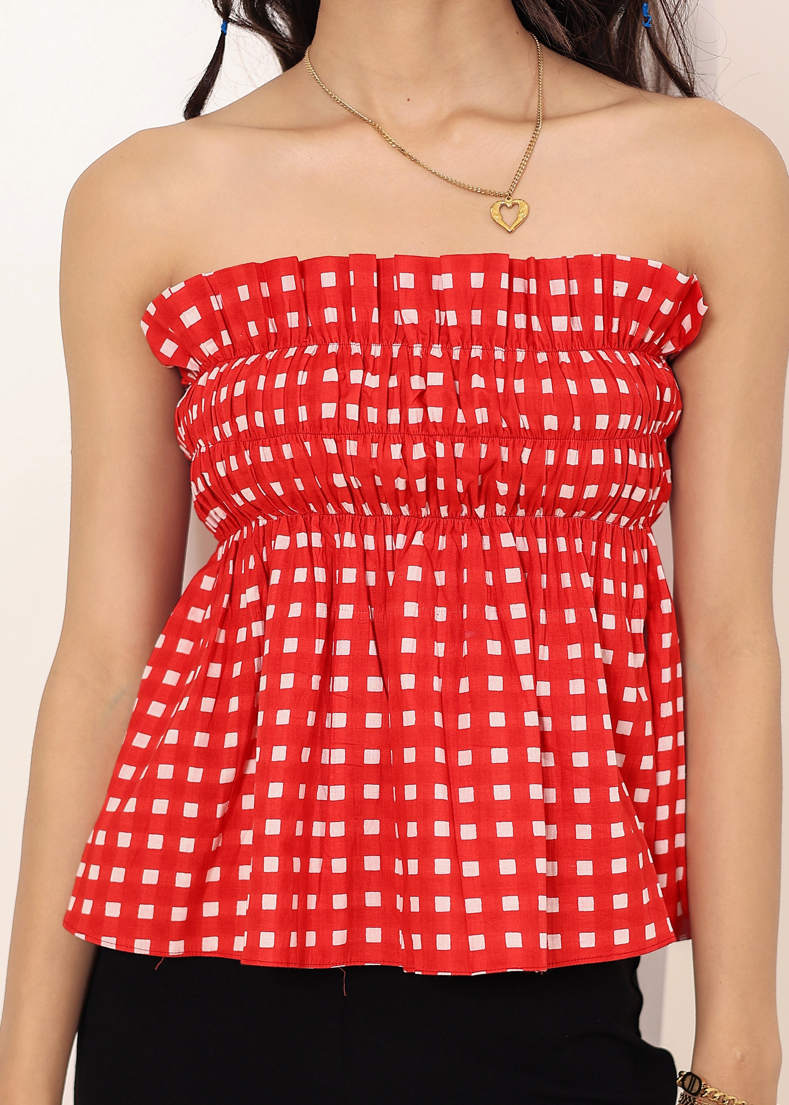 Red & White Gingham smoked ruffled Tube Top - Kaoribyshreya