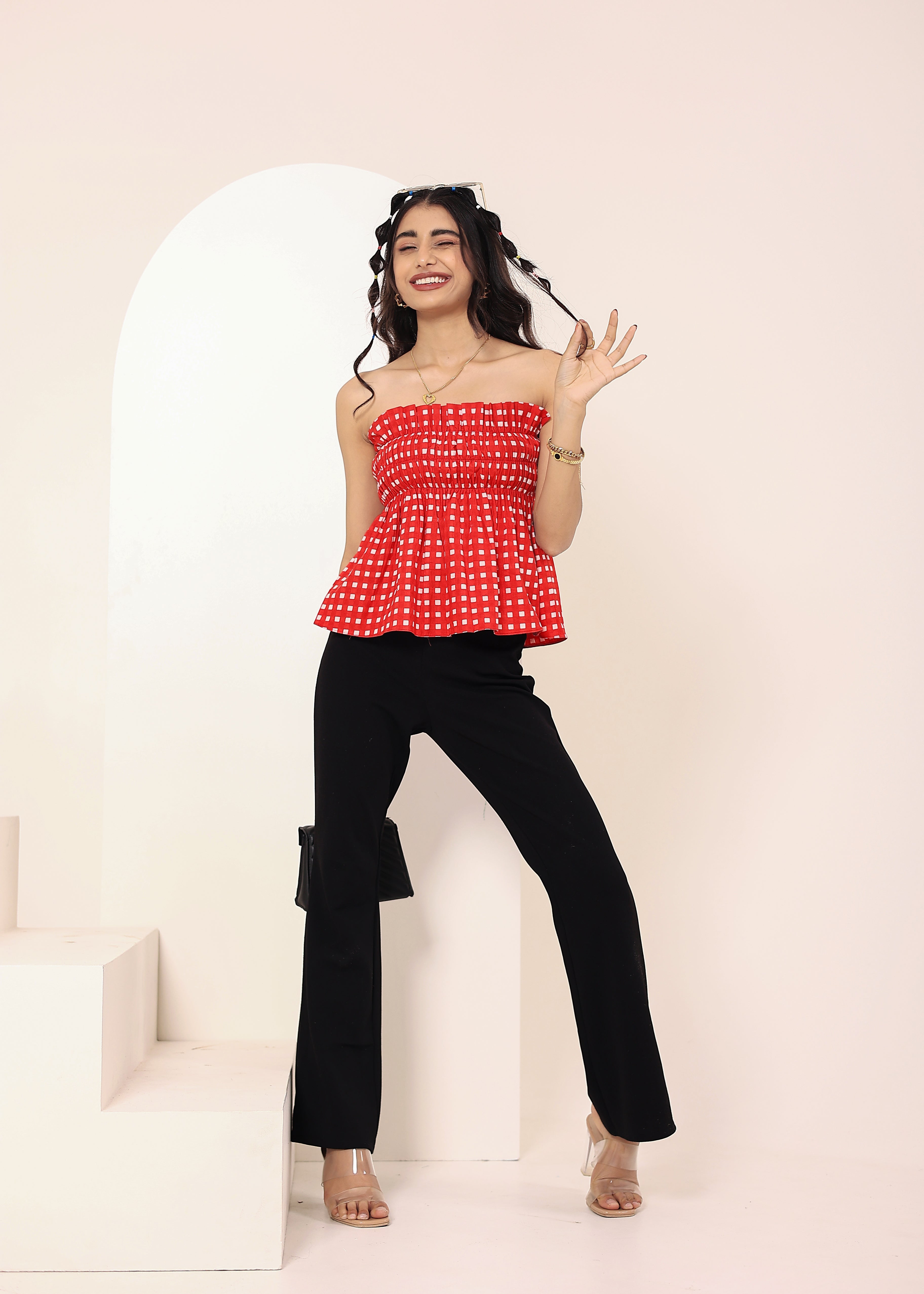 Red & White Gingham smoked ruffled Tube Top - Kaoribyshreya