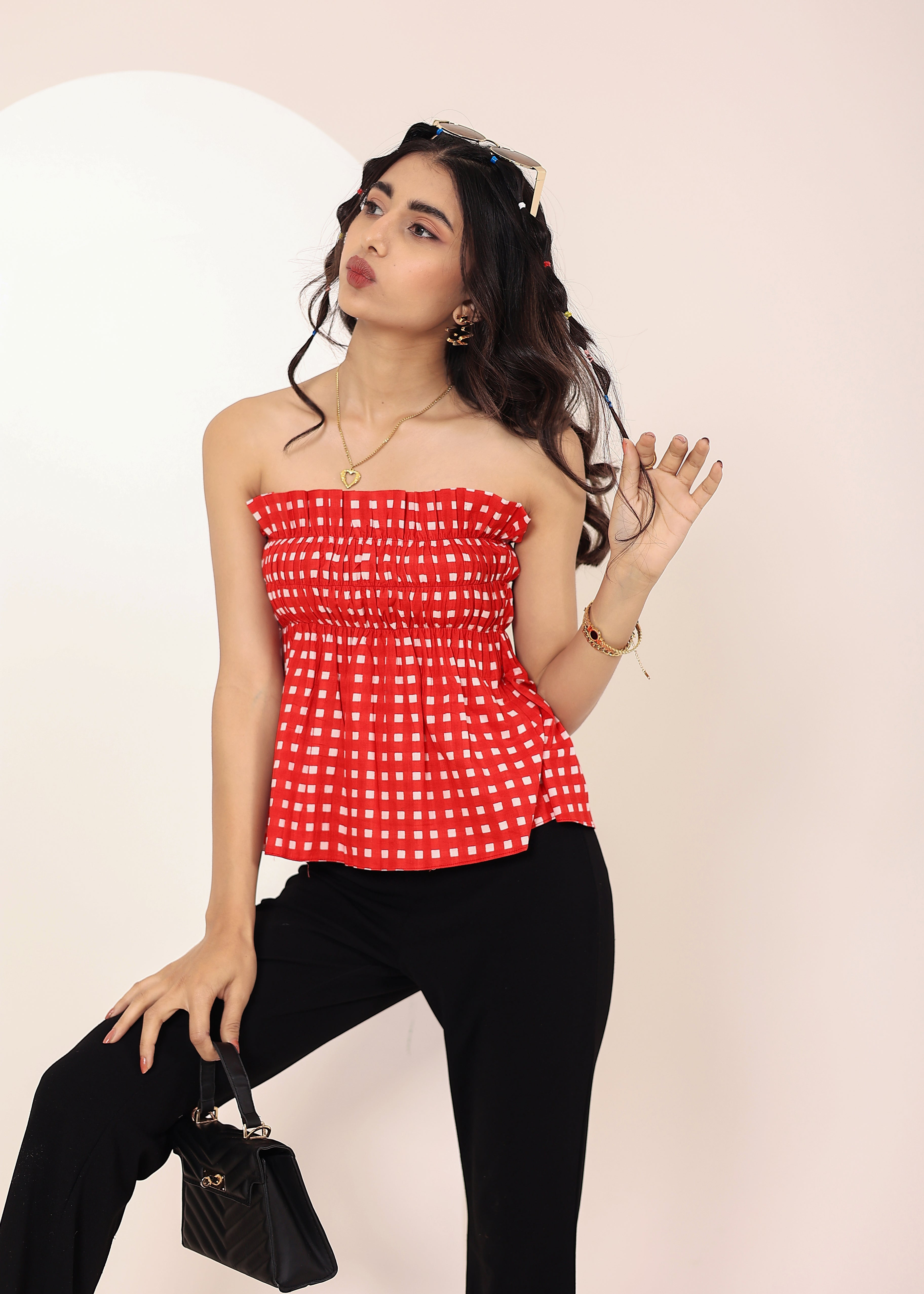 Red & White Gingham smoked ruffled Tube Top - Kaoribyshreya