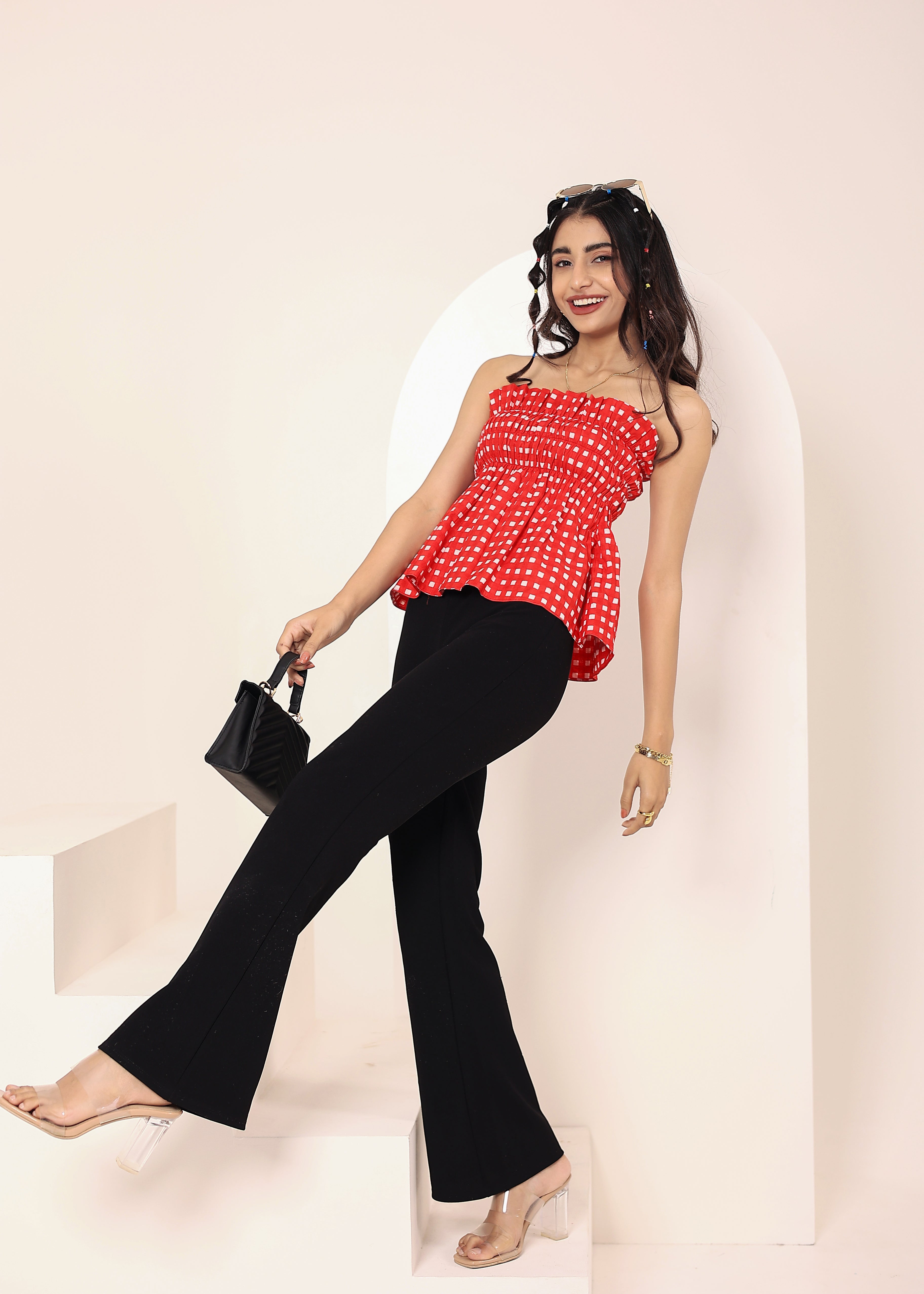 Red & White Gingham smoked ruffled Tube Top - Kaoribyshreya