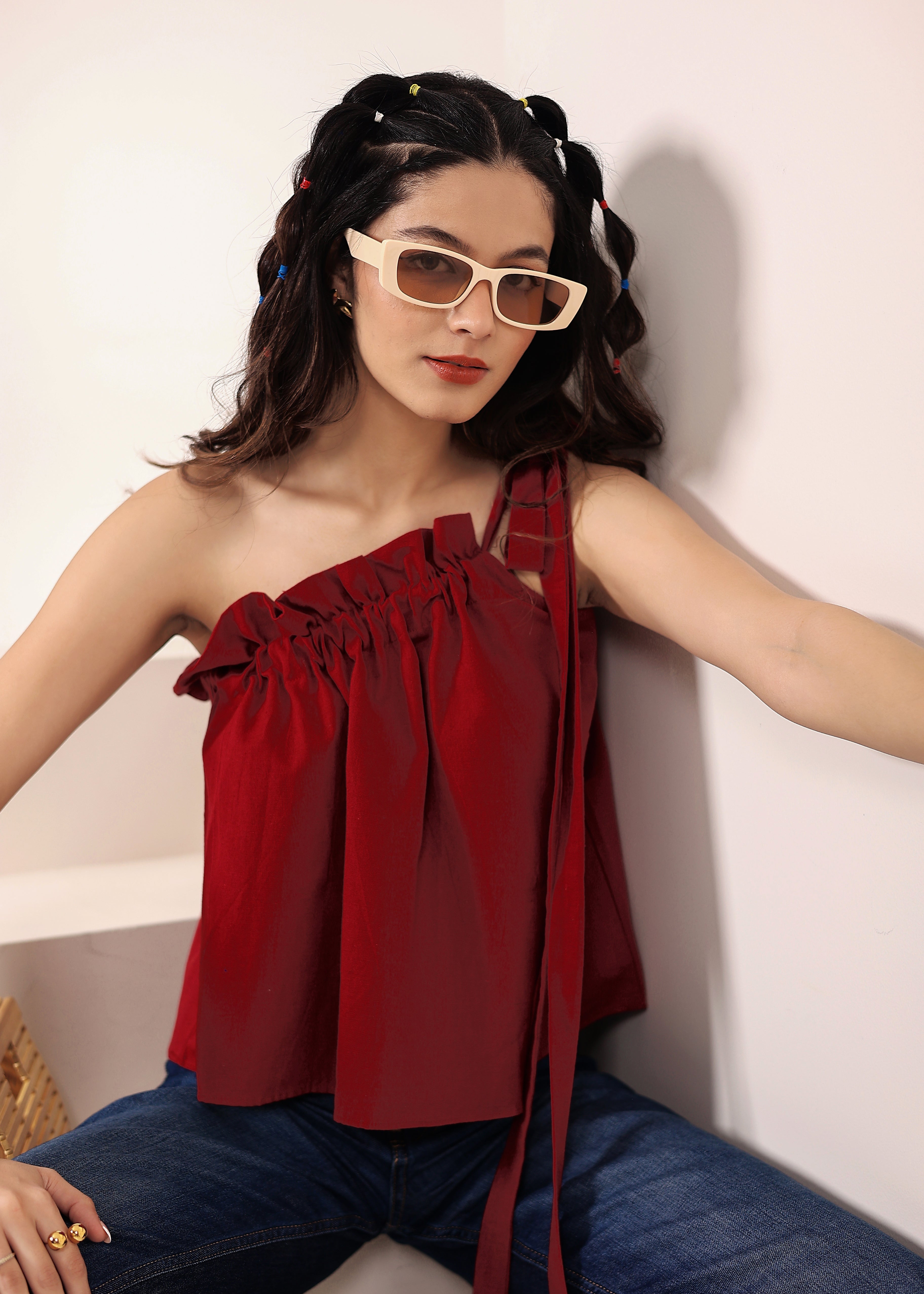 Maroon Red Linen Blend One-Shoulder Tie-Up Top - Kaoribyshreya