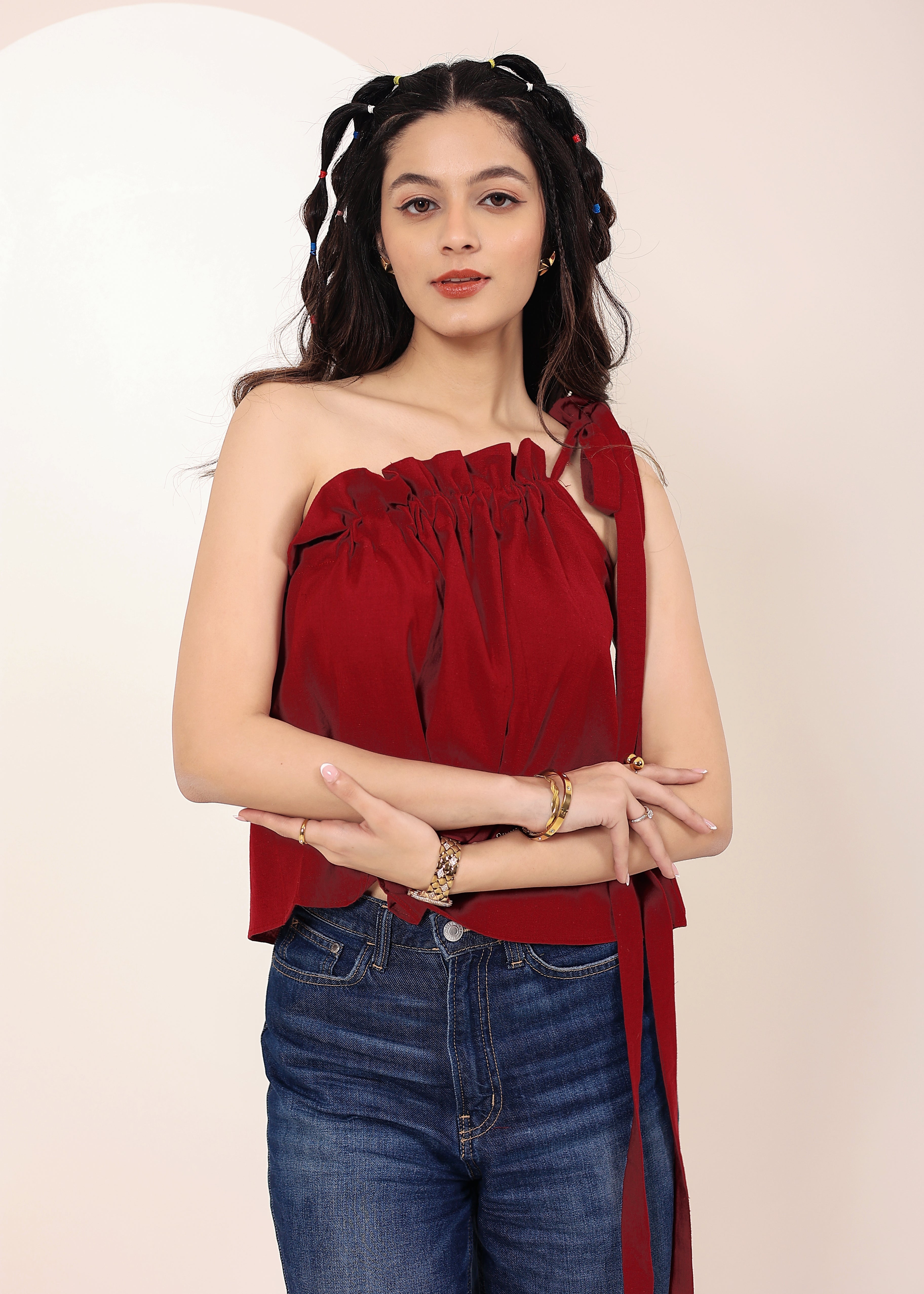 Maroon Red Linen Blend One-Shoulder Tie-Up Top - Kaoribyshreya