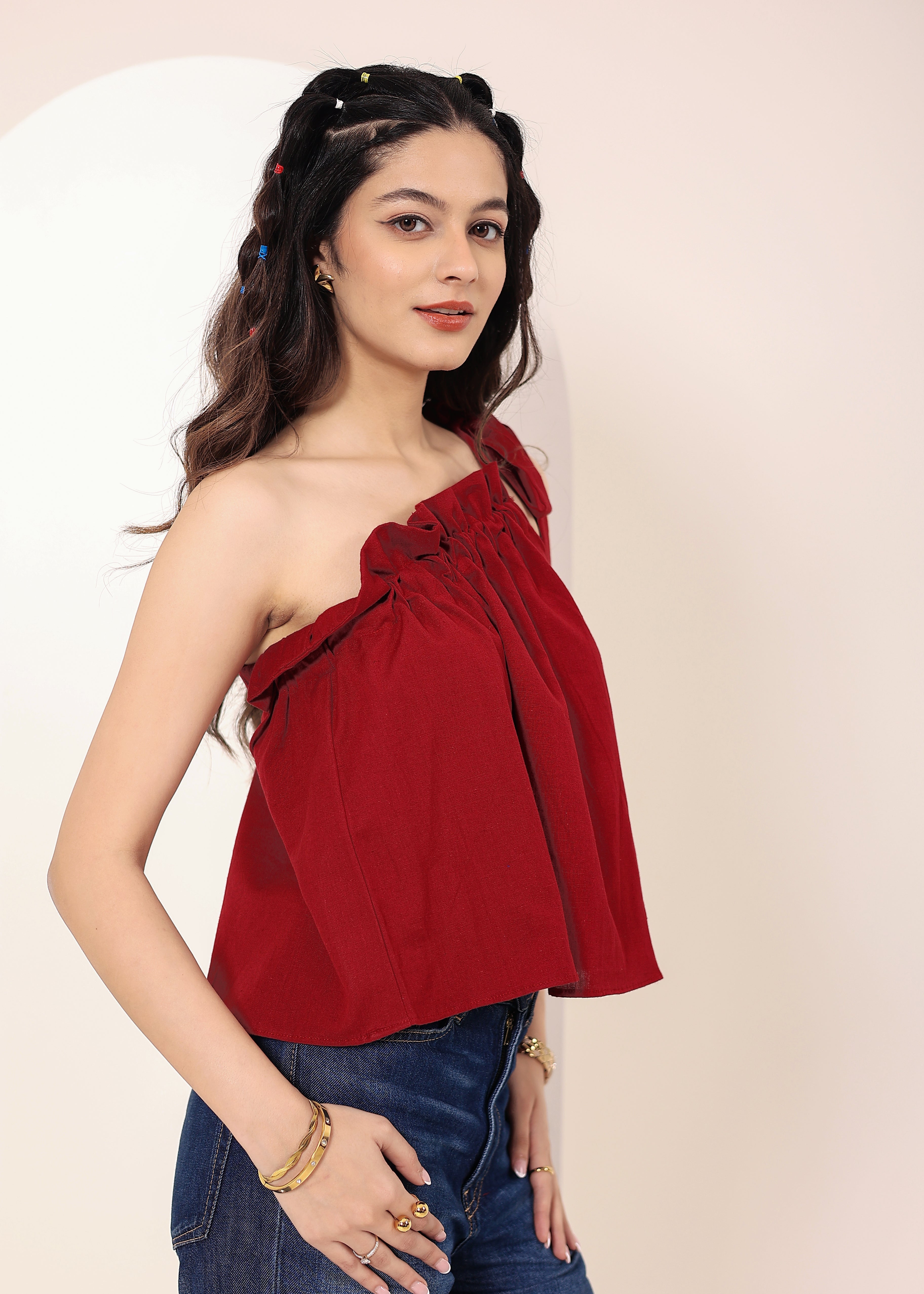 Maroon Red Linen Blend One-Shoulder Tie-Up Top - Kaoribyshreya