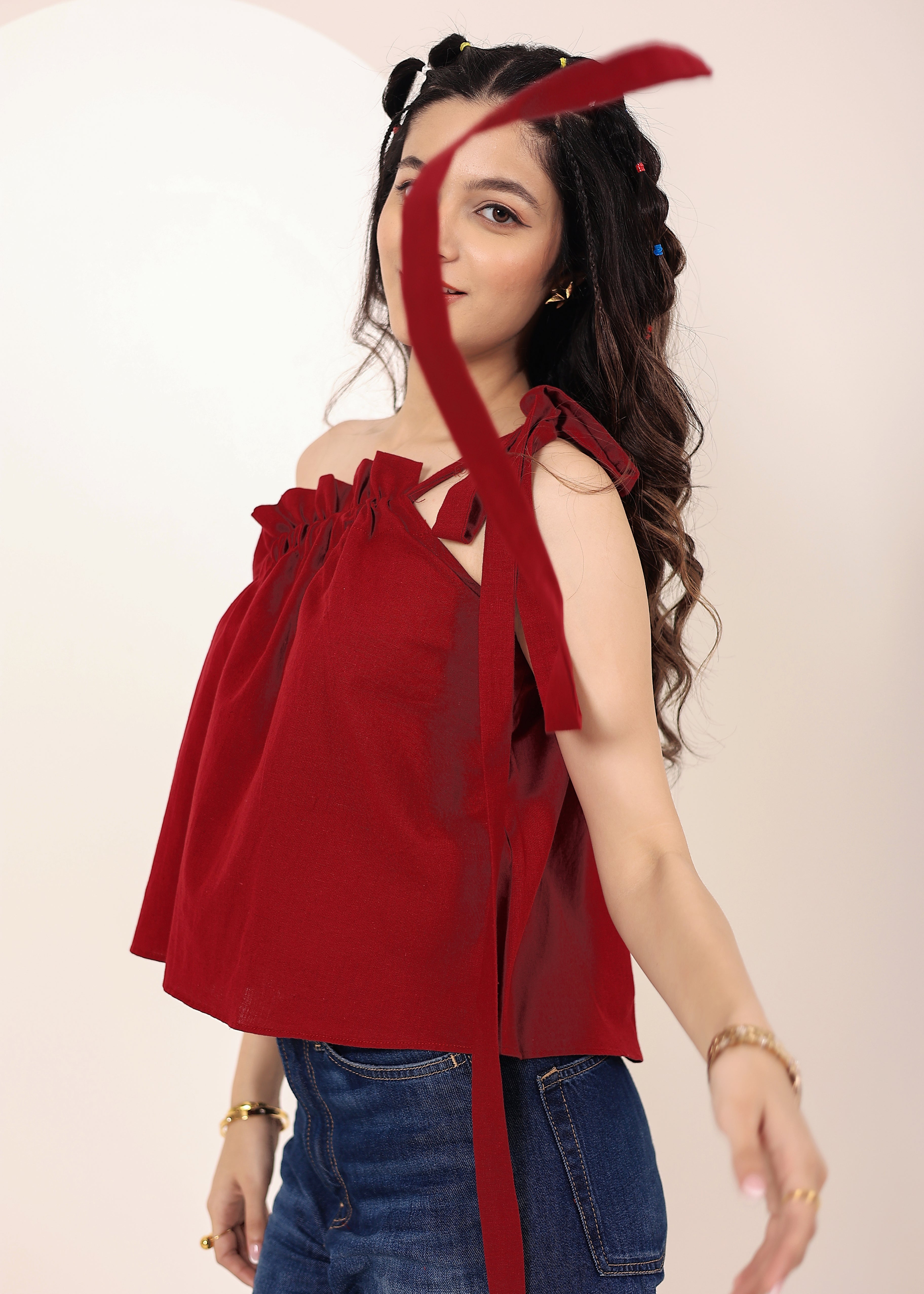 Maroon Red Linen Blend One-Shoulder Tie-Up Top - Kaoribyshreya