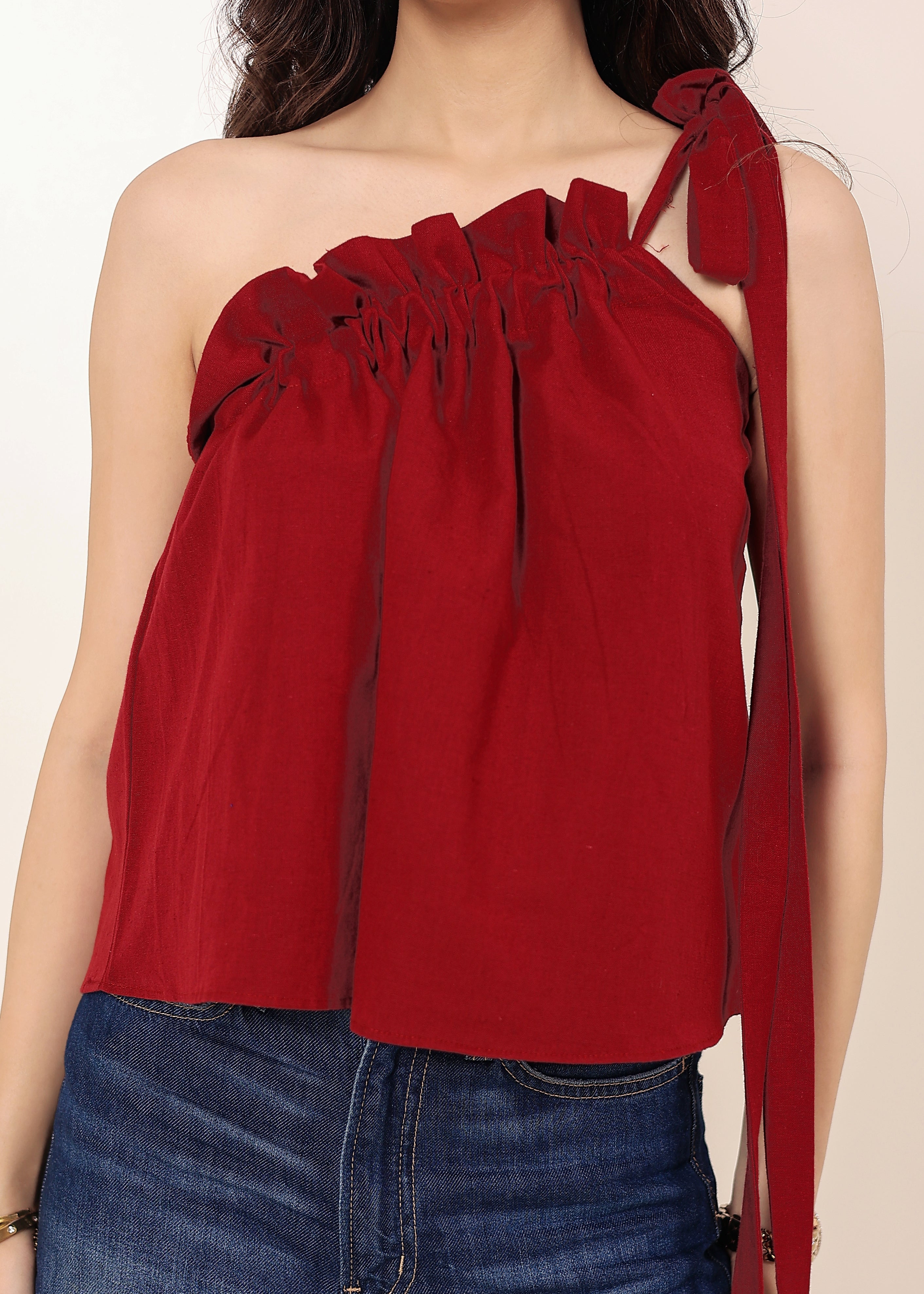 Maroon Red Linen Blend One-Shoulder Tie-Up Top - Kaoribyshreya
