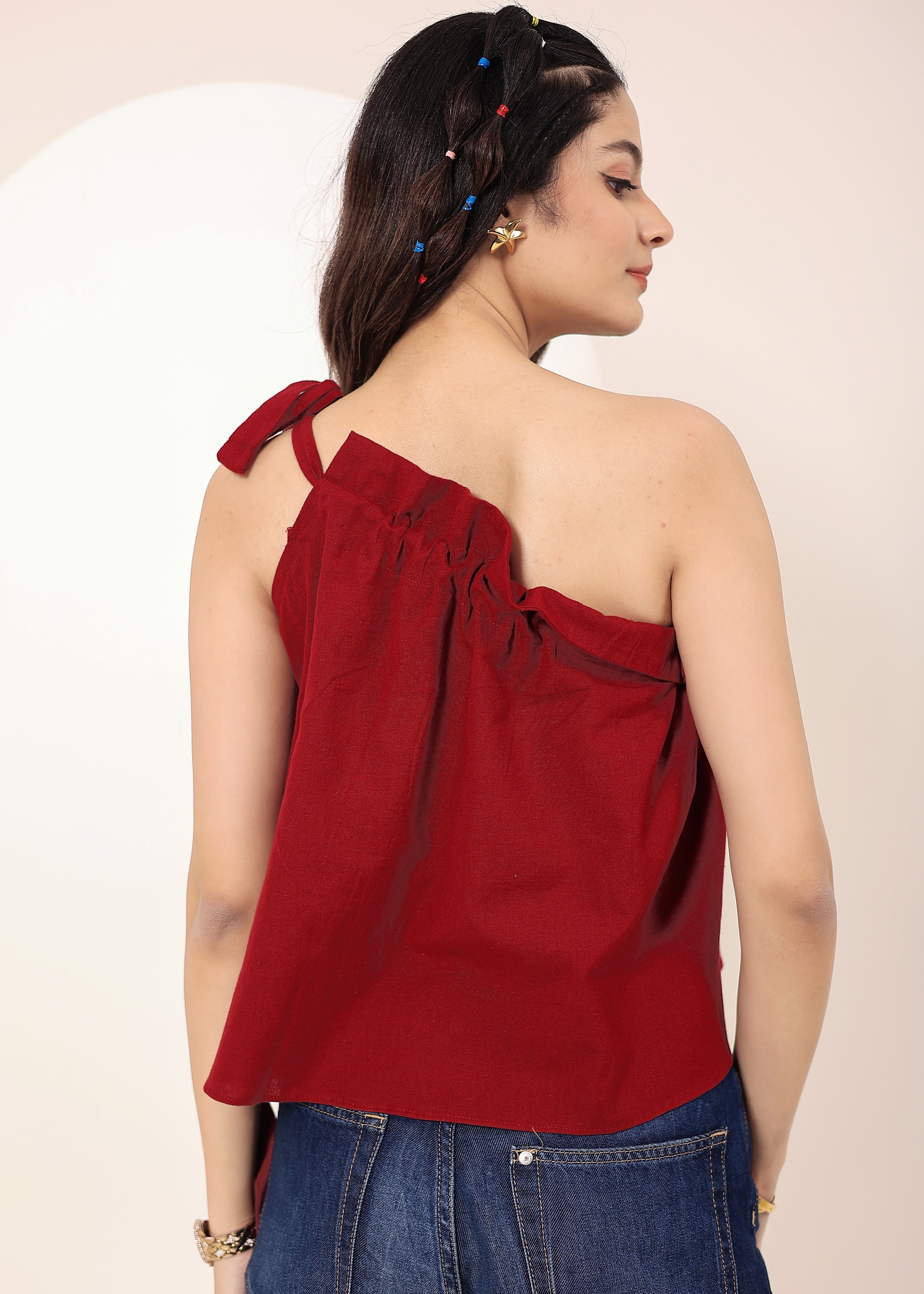 Maroon Red Linen Blend One-Shoulder Tie-Up Top - Kaoribyshreya