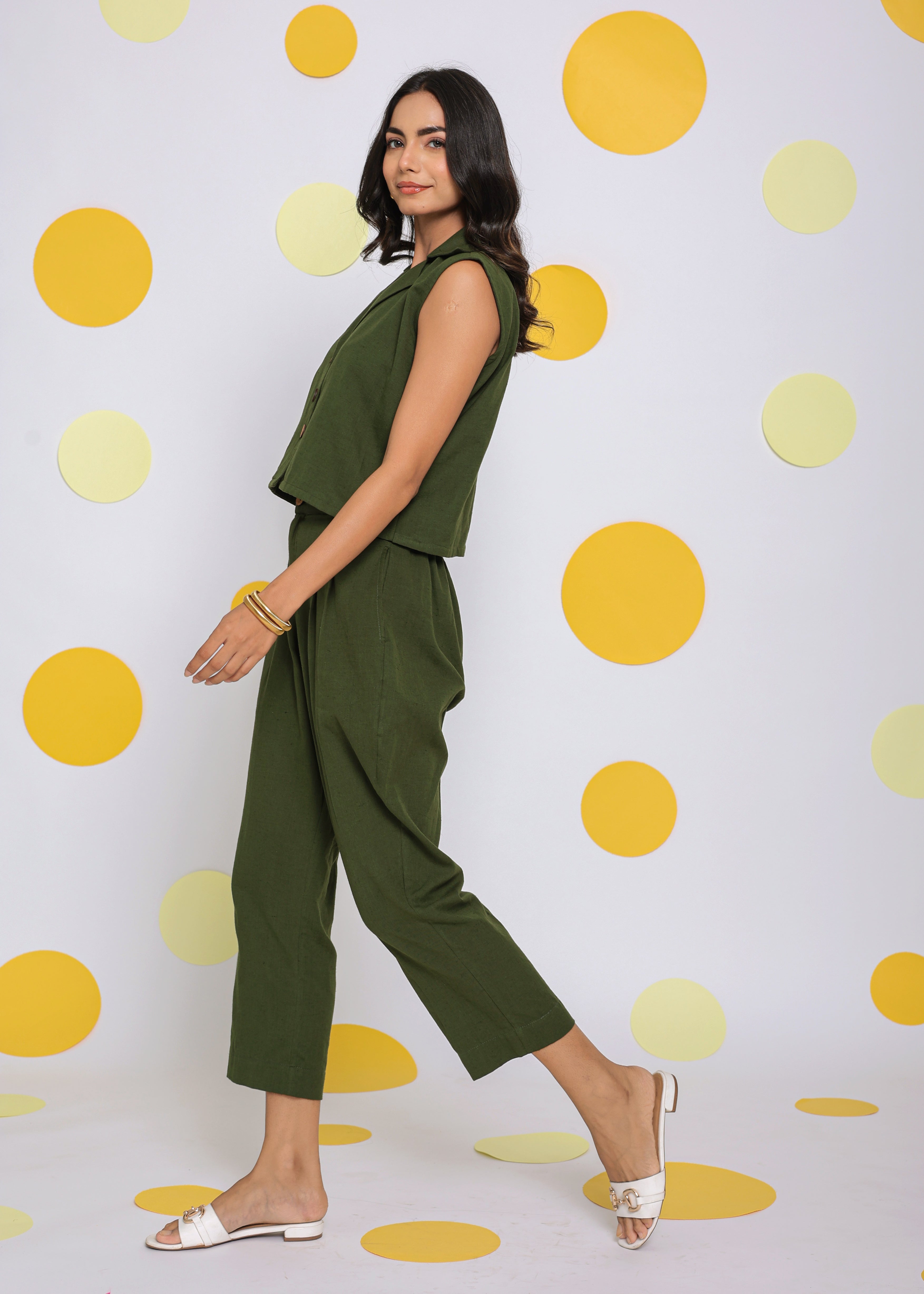 Olive Green Summer Relaxed Formal 100% Cotton Pants - Kaoribyshreya
