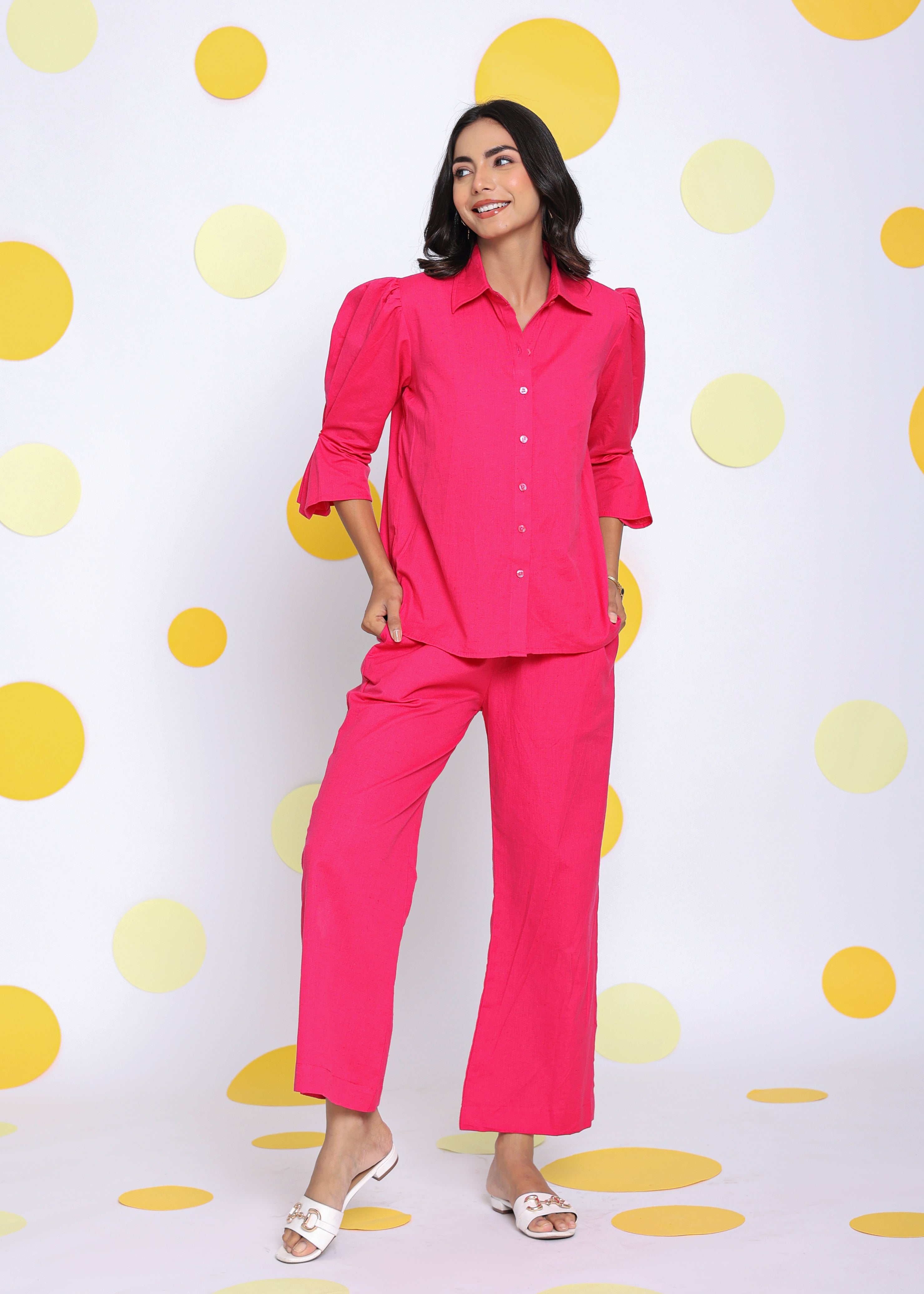 Hot Pink Summer Waist Cross Tie Up Relaxed Wide Leg Linen Pants - Kaoribyshreya