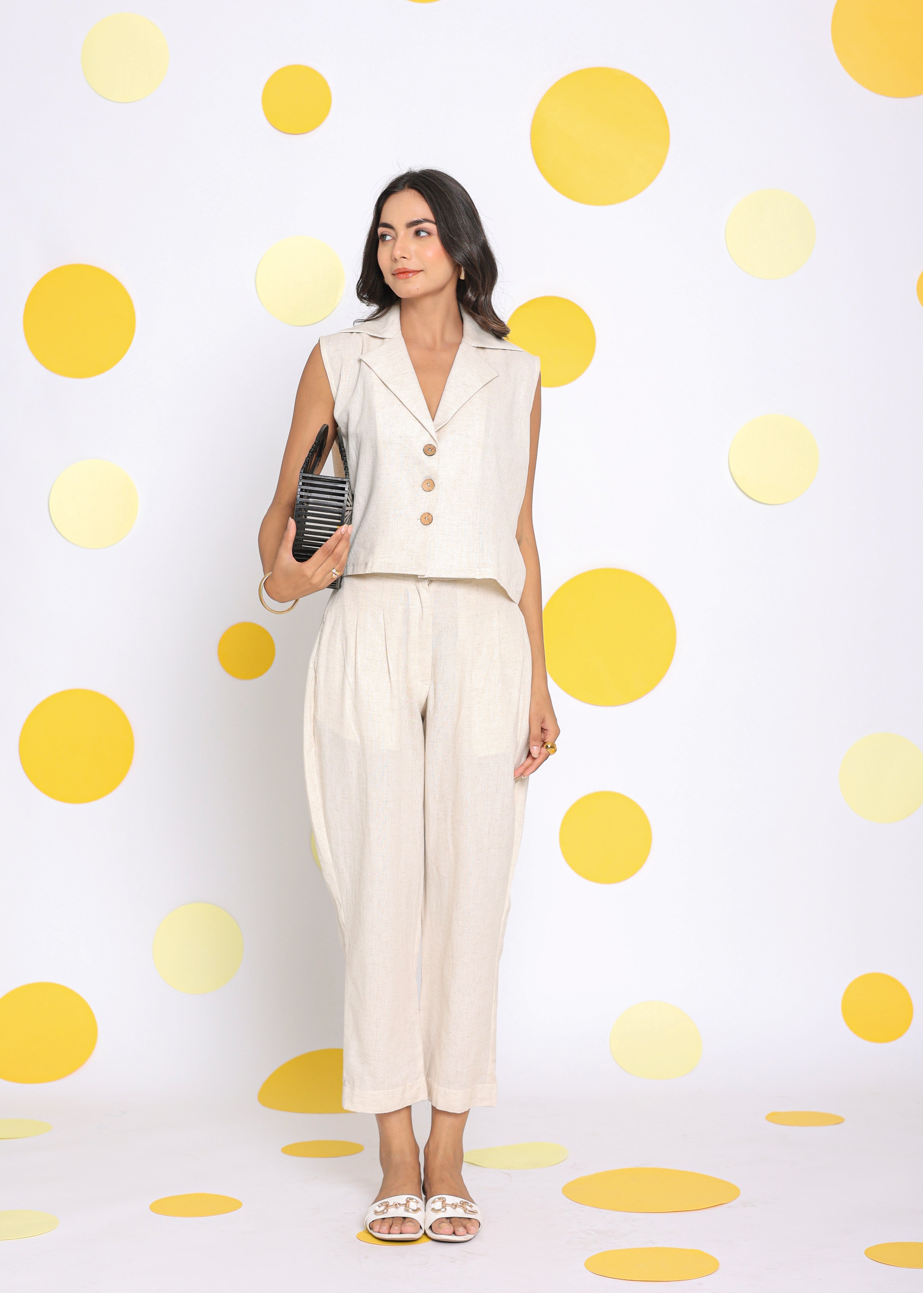 Off White Summer Relaxed Collared Waist Coat Linen Shirt - Kaoribyshreya