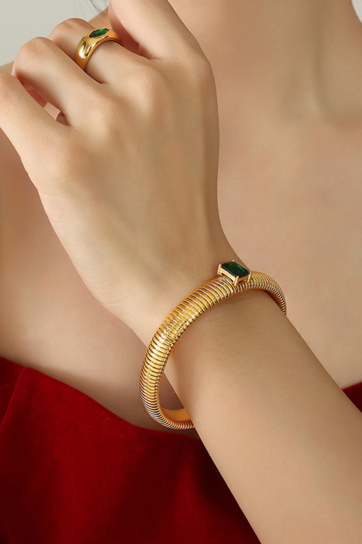 Snake Textured Green Stone Bangle Bracelet - Kaoribyshreya