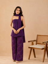 Purple Leheriya Tube Kurta Set with Flared Pants, Bhandej Dupatta & Leheriya Stole