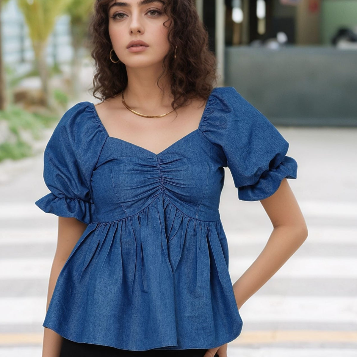 Blue Striped Puff Sleeve Pullover Top main image 0