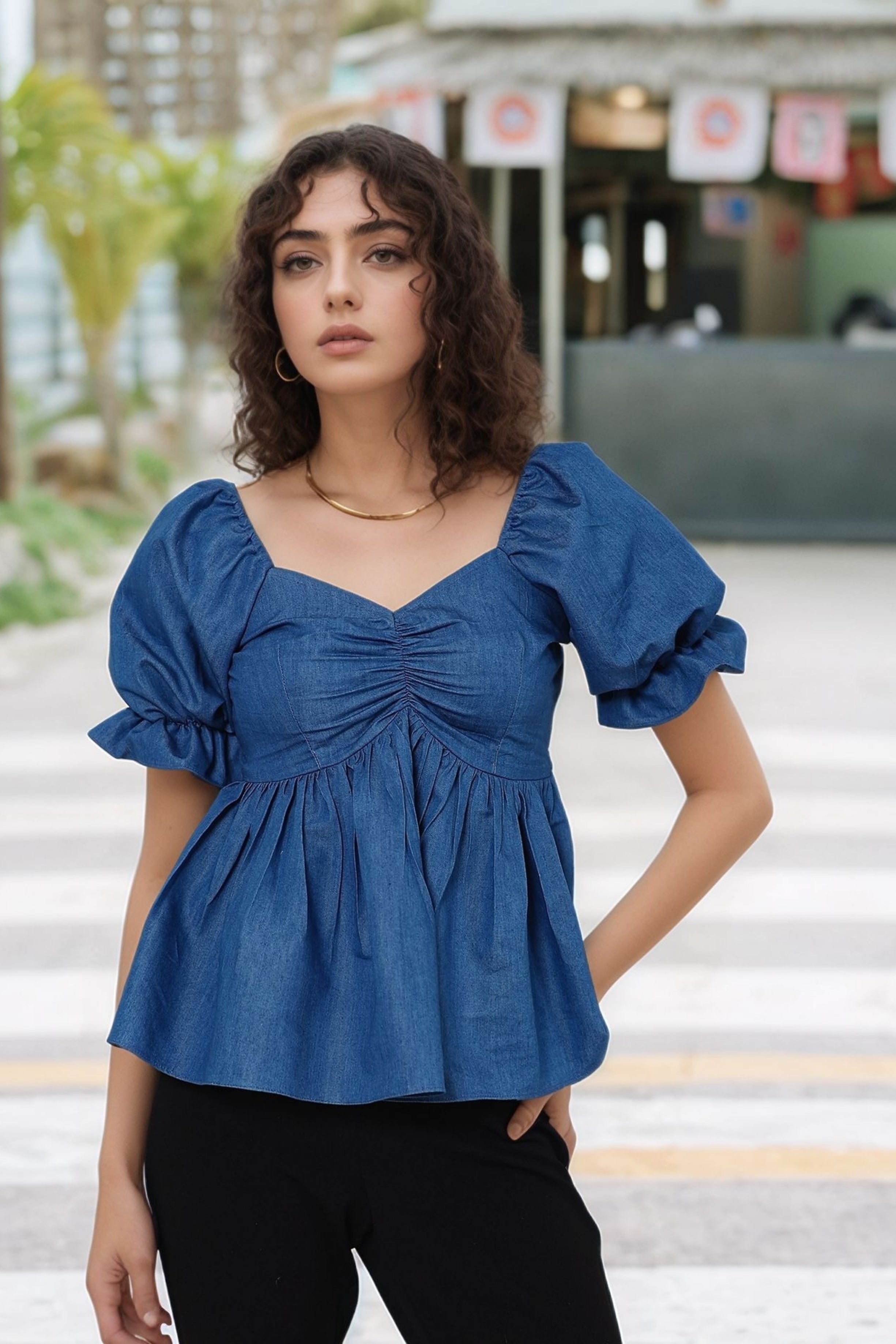 Blue Cotton Denim Puff Sleeve Flared Top - Kaoribyshreya