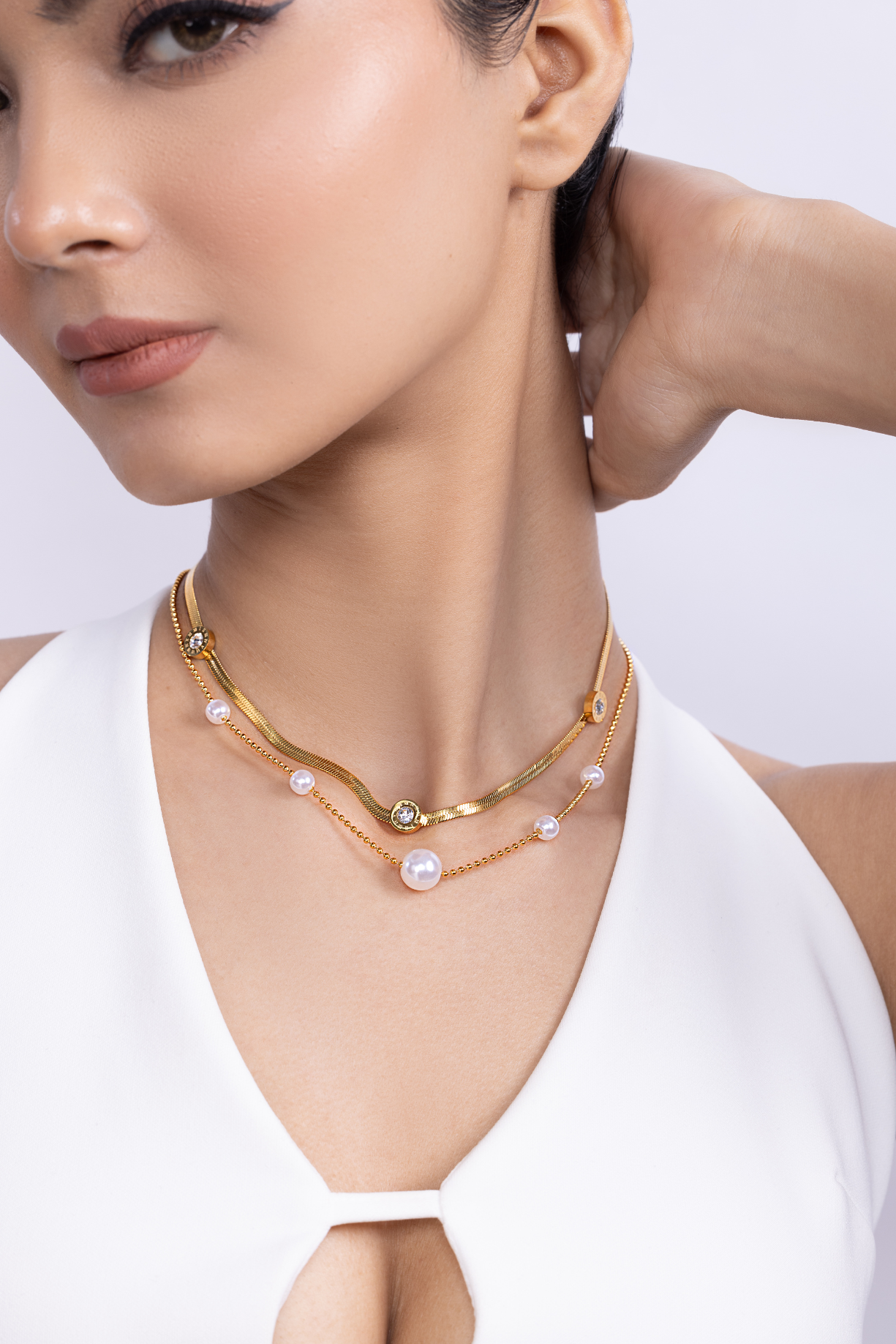 Double Layer Snake Chain with Mother of Pearls Necklace - Kaoribyshreya