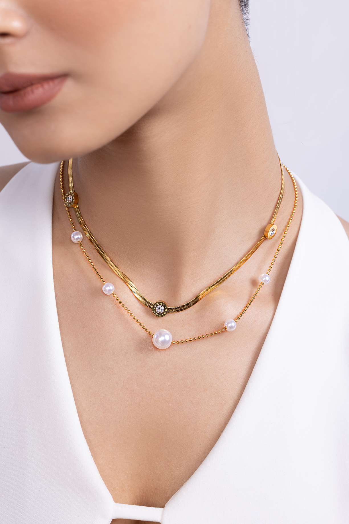 Double Layer Snake Chain with Mother of Pearls Necklace - Kaoribyshreya