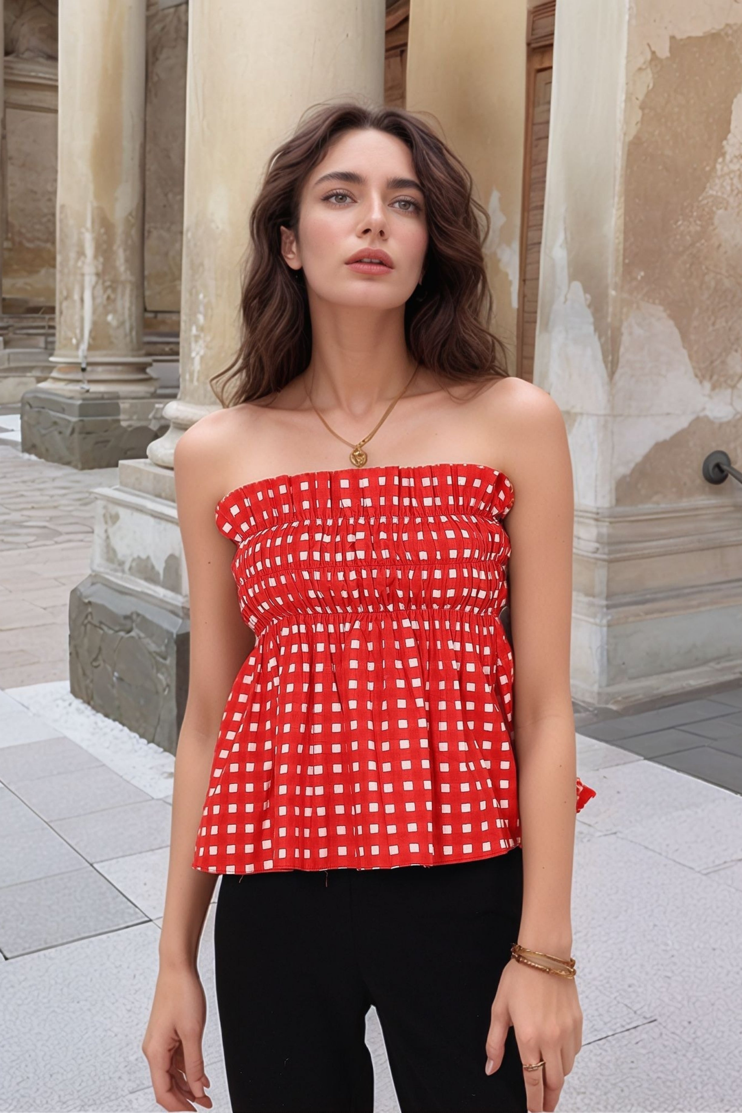 Red & White Gingham smoked ruffled Tube Top - Kaoribyshreya