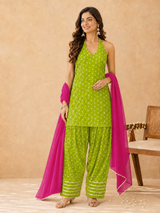Parrot Green Bhandej Cotton Halter Kurta Set with Farshi Pants & Pink Georgette Dupatta