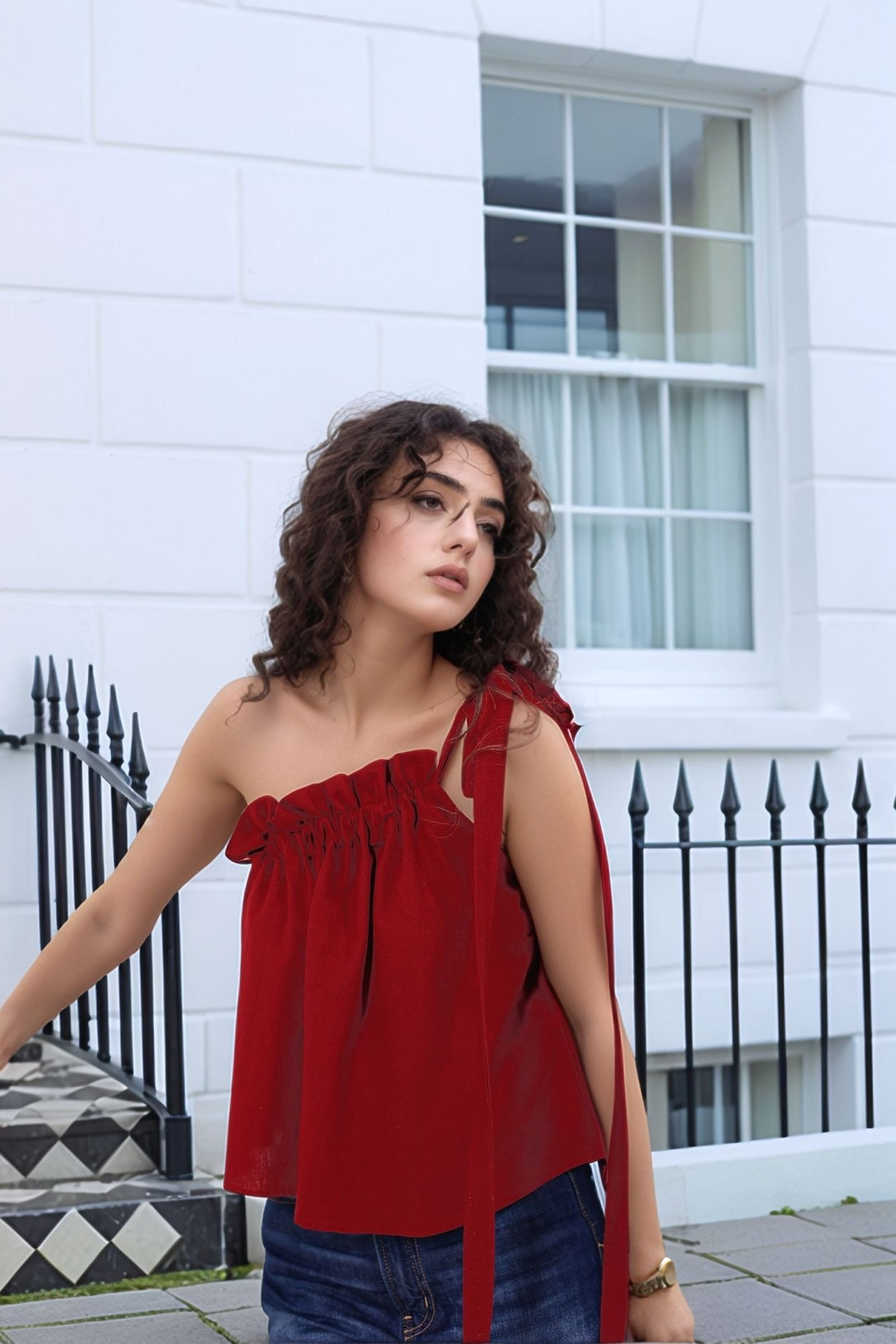 Maroon Red Linen Blend One-Shoulder Tie-Up Top - Kaoribyshreya