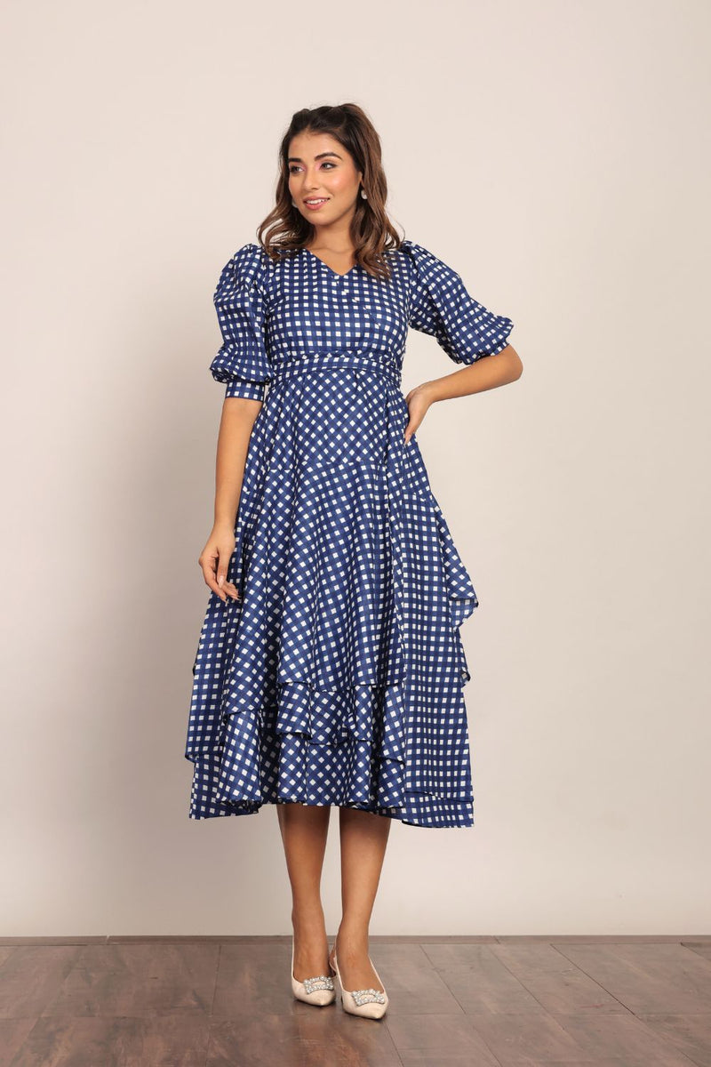 Gingham Blue and White Wrap Pattern Midi Dress – Kaoribyshreya