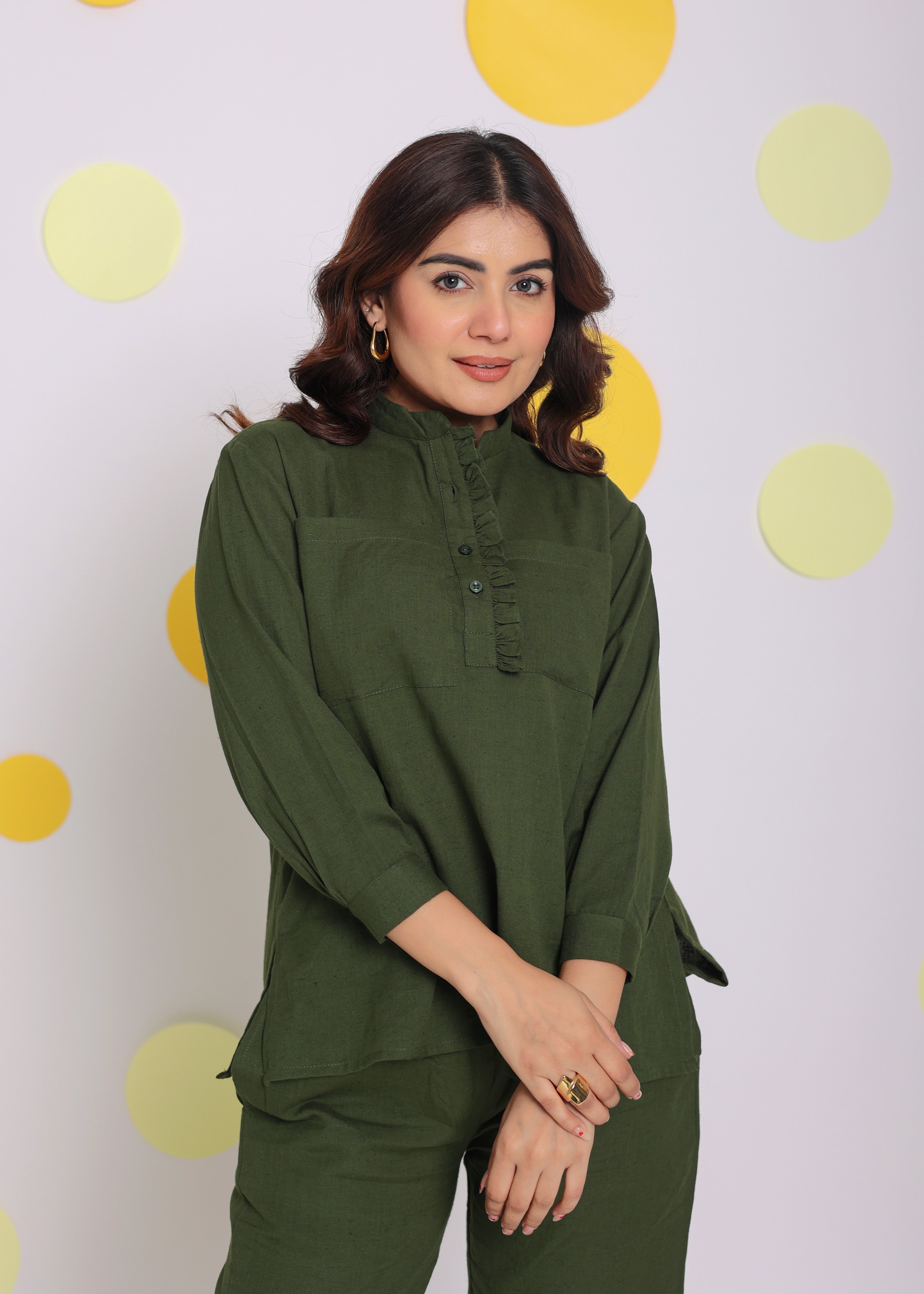 Olive Green Summer With Frill Detailing Relaxed Collared Formal Linen Shirt - Kaoribyshreya