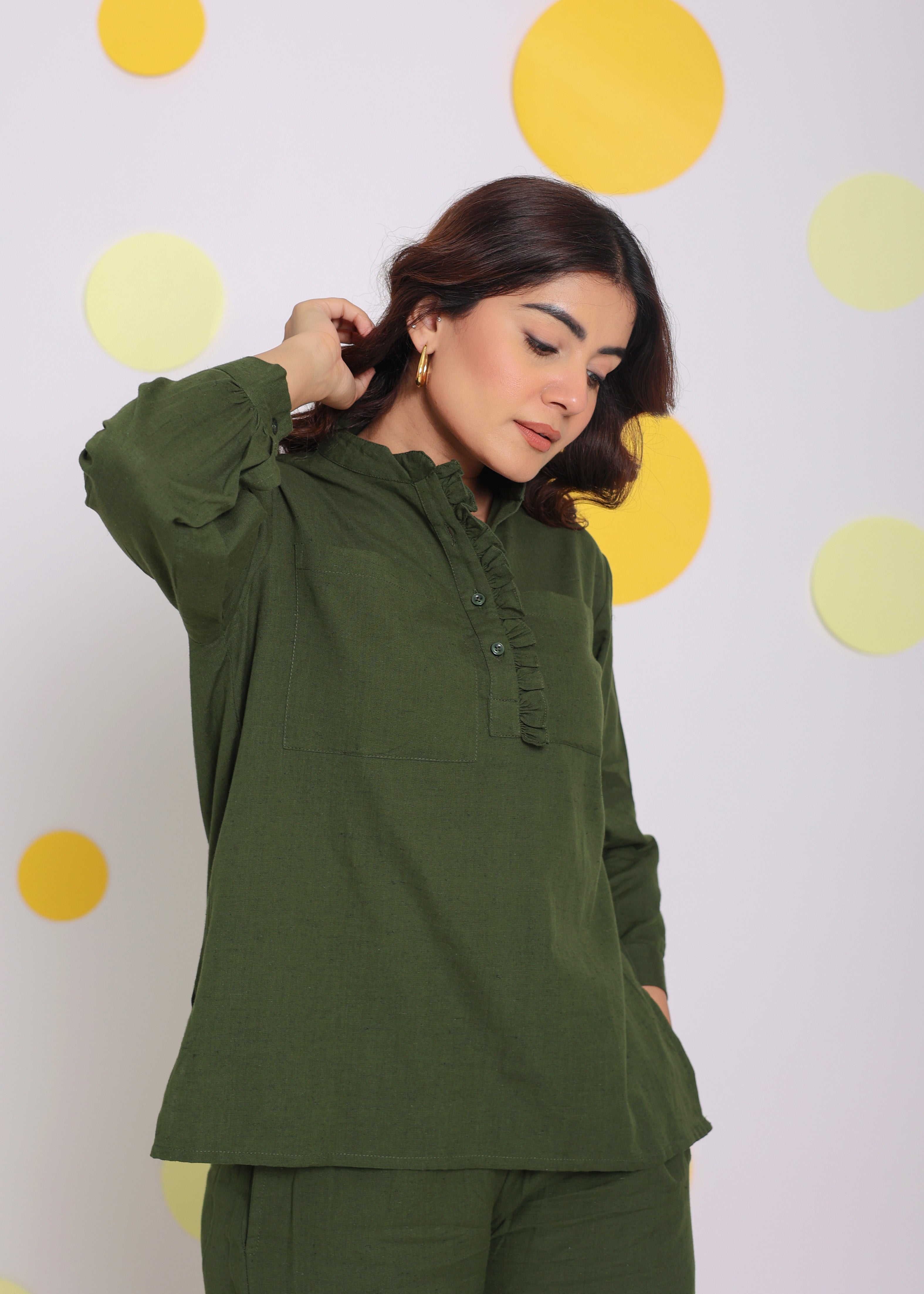 Olive Green Summer With Frill Detailing Relaxed Collared Formal Linen Shirt - Kaoribyshreya