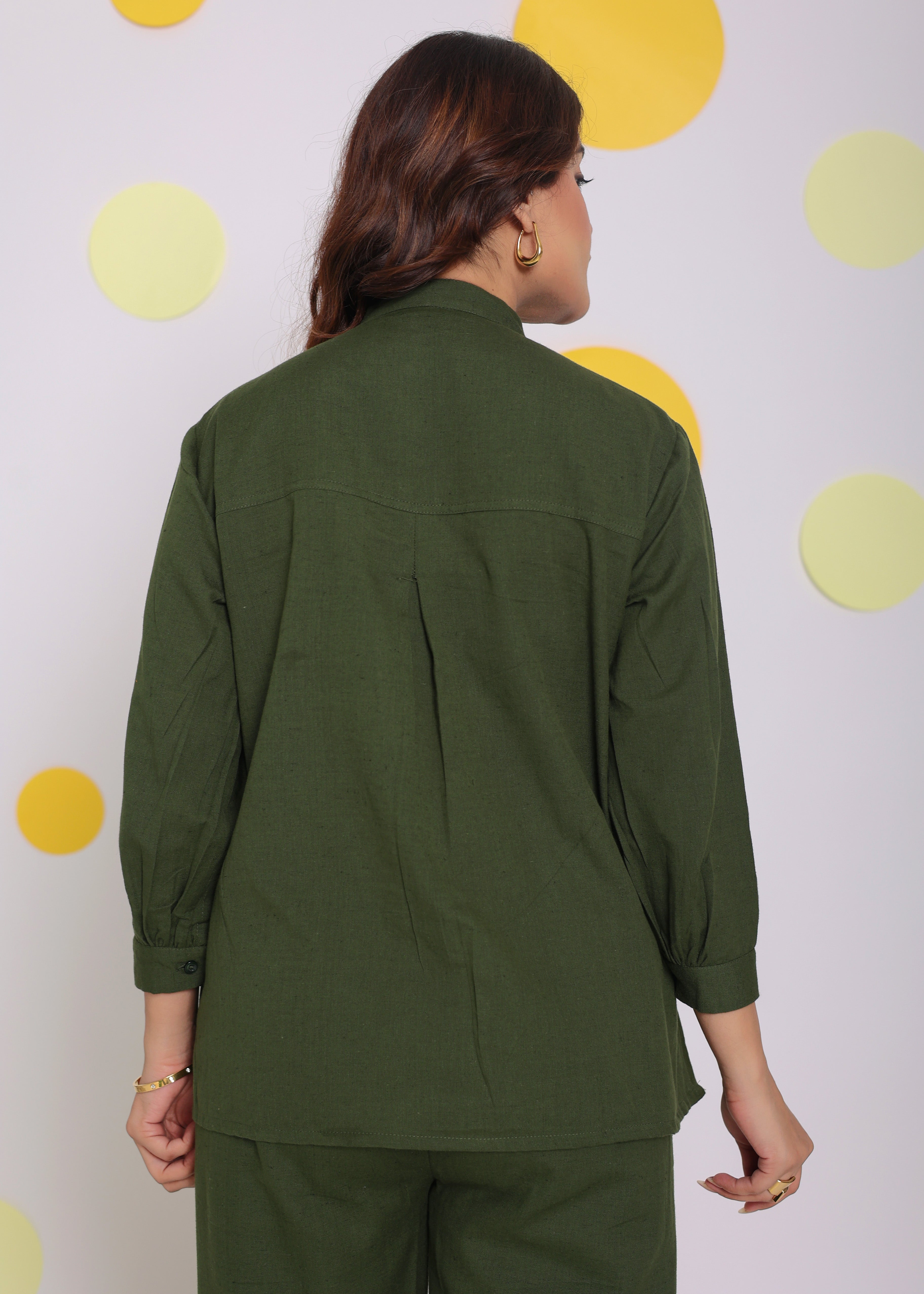 Olive Green Summer With Frill Detailing Relaxed Collared Formal Linen Shirt - Kaoribyshreya