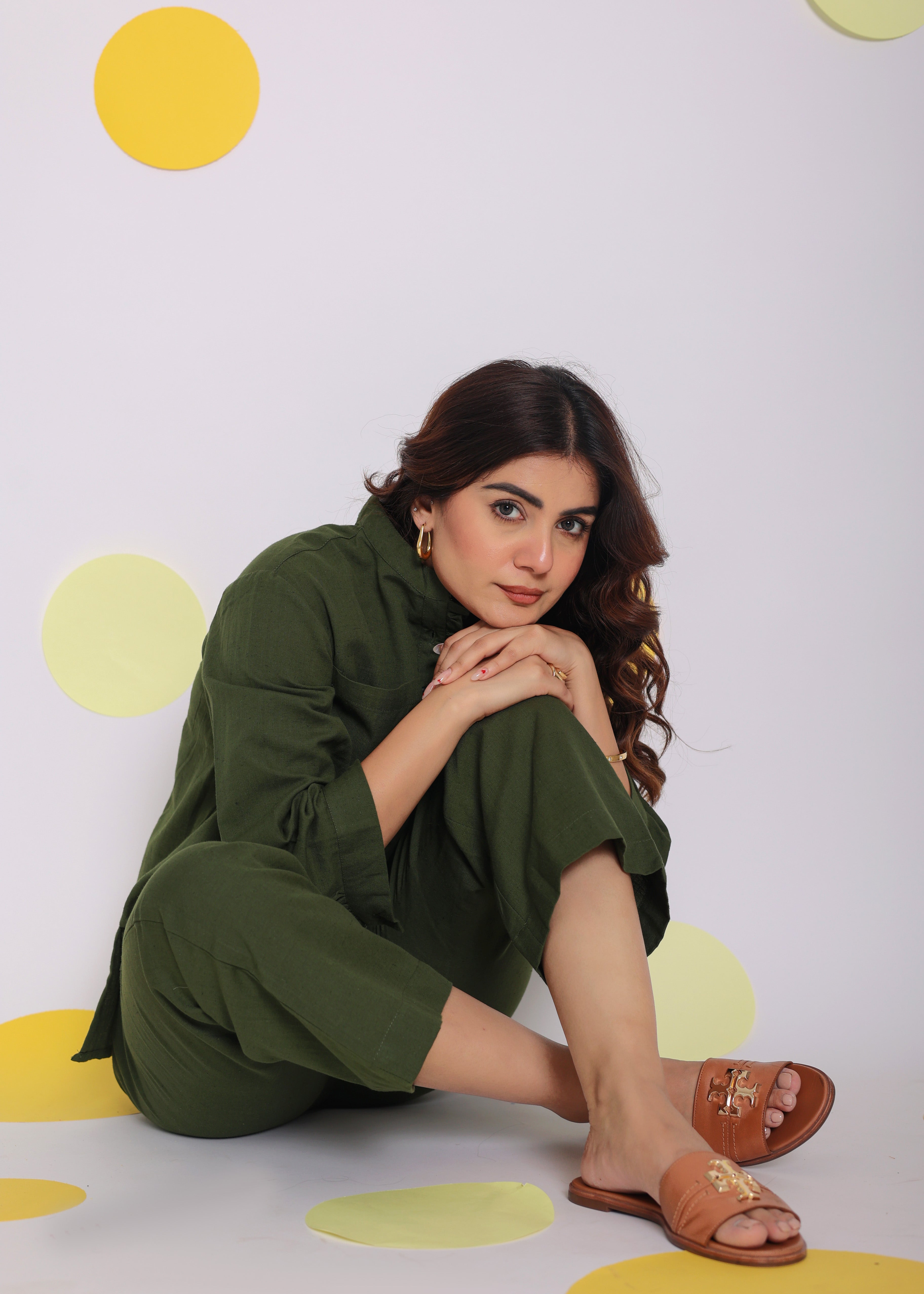 Olive Green Summer With Frill Detailing Relaxed Collared Formal Linen Shirt - Kaoribyshreya