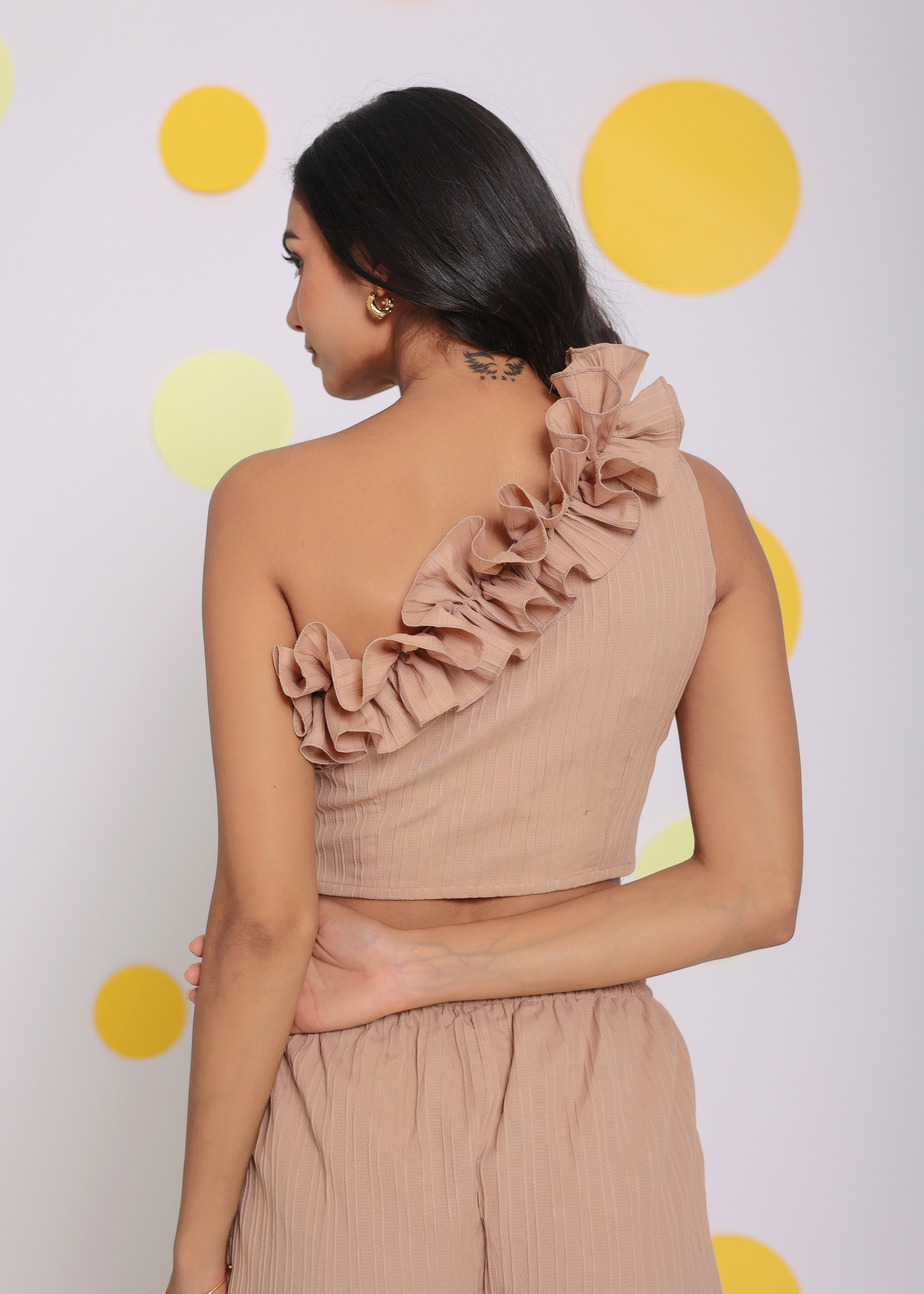 Beige Summer One Shoulder Off Frilled Party Wear Crop Top - Kaoribyshreya