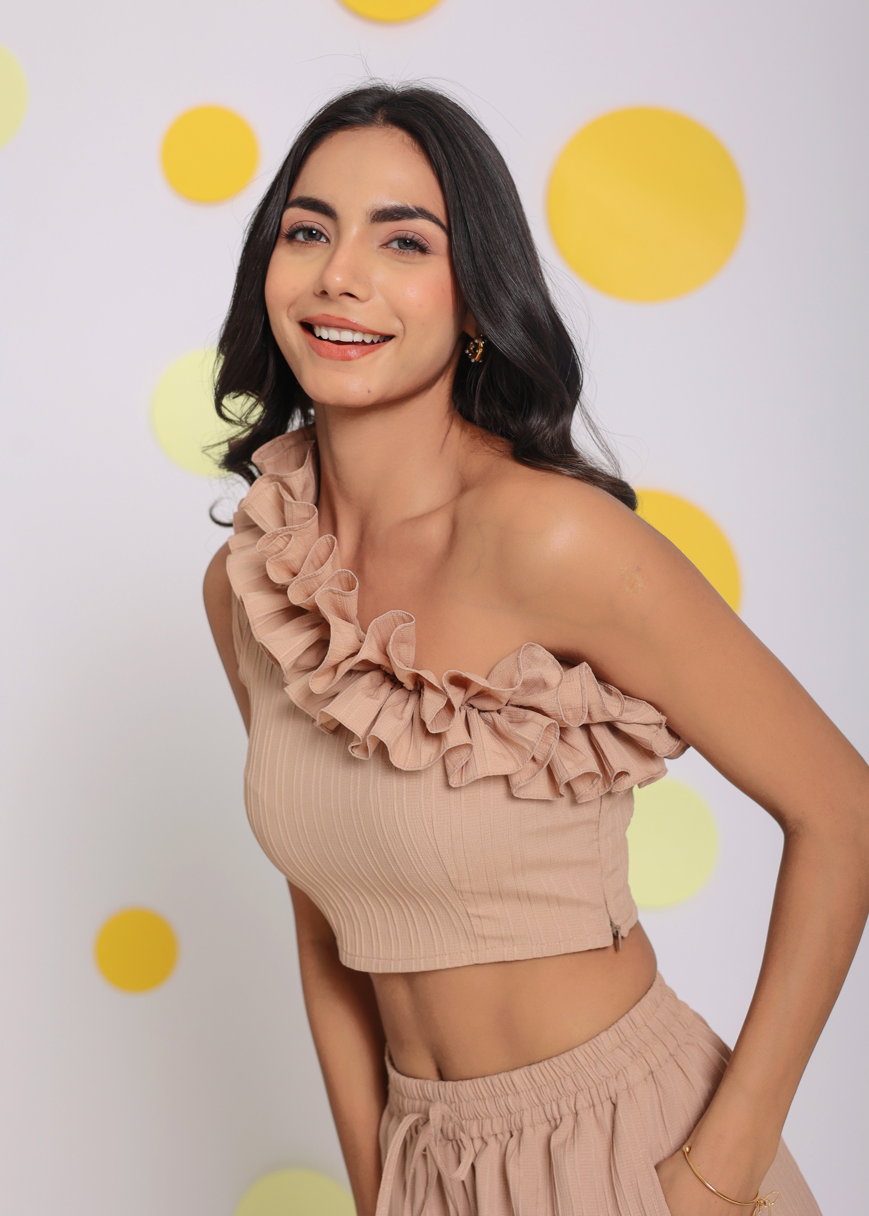 Beige Summer One Shoulder Off Frilled Party Wear Crop Top - Kaoribyshreya