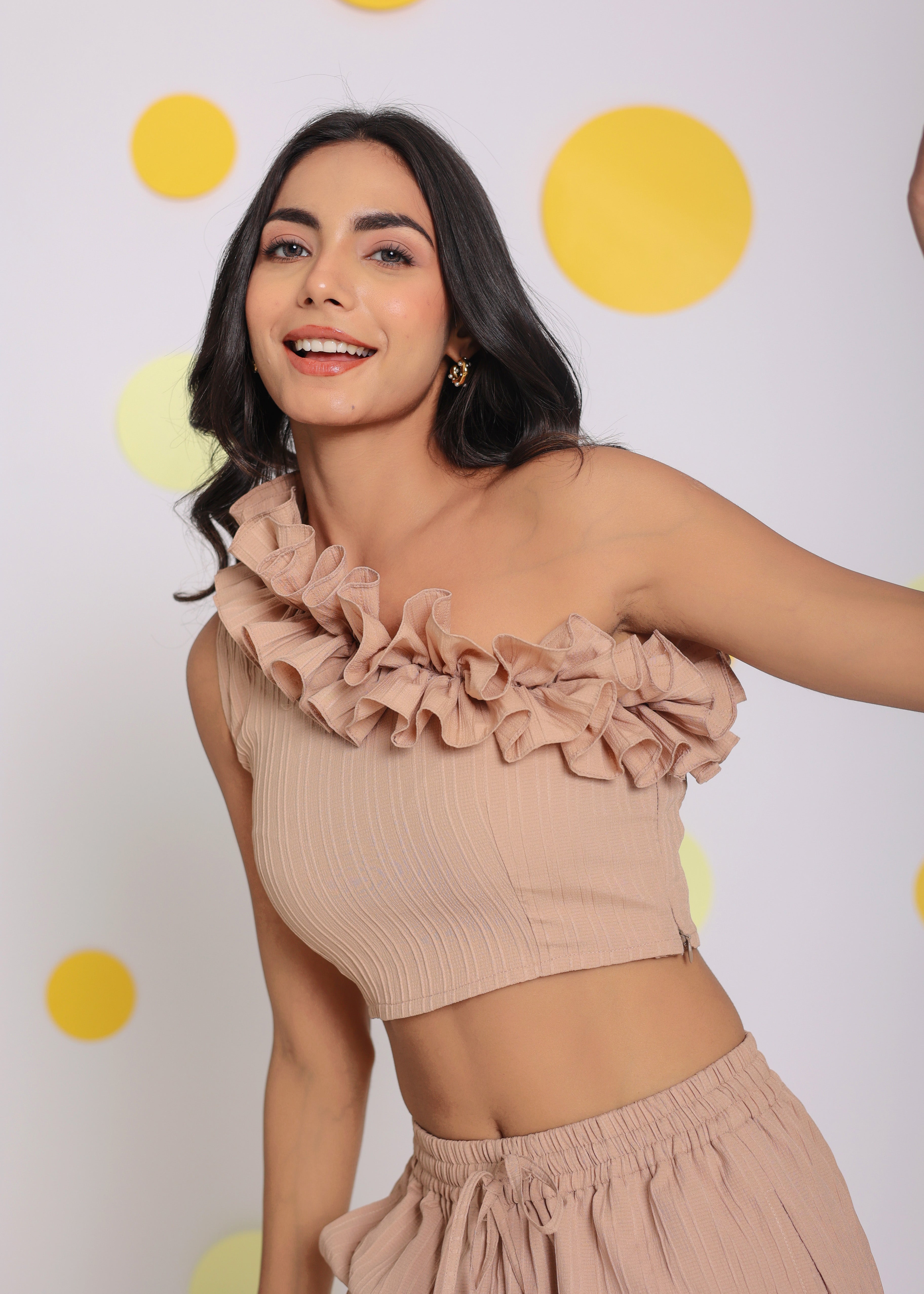 Beige Summer One Shoulder Off Frilled Party Wear Crop Top - Kaoribyshreya