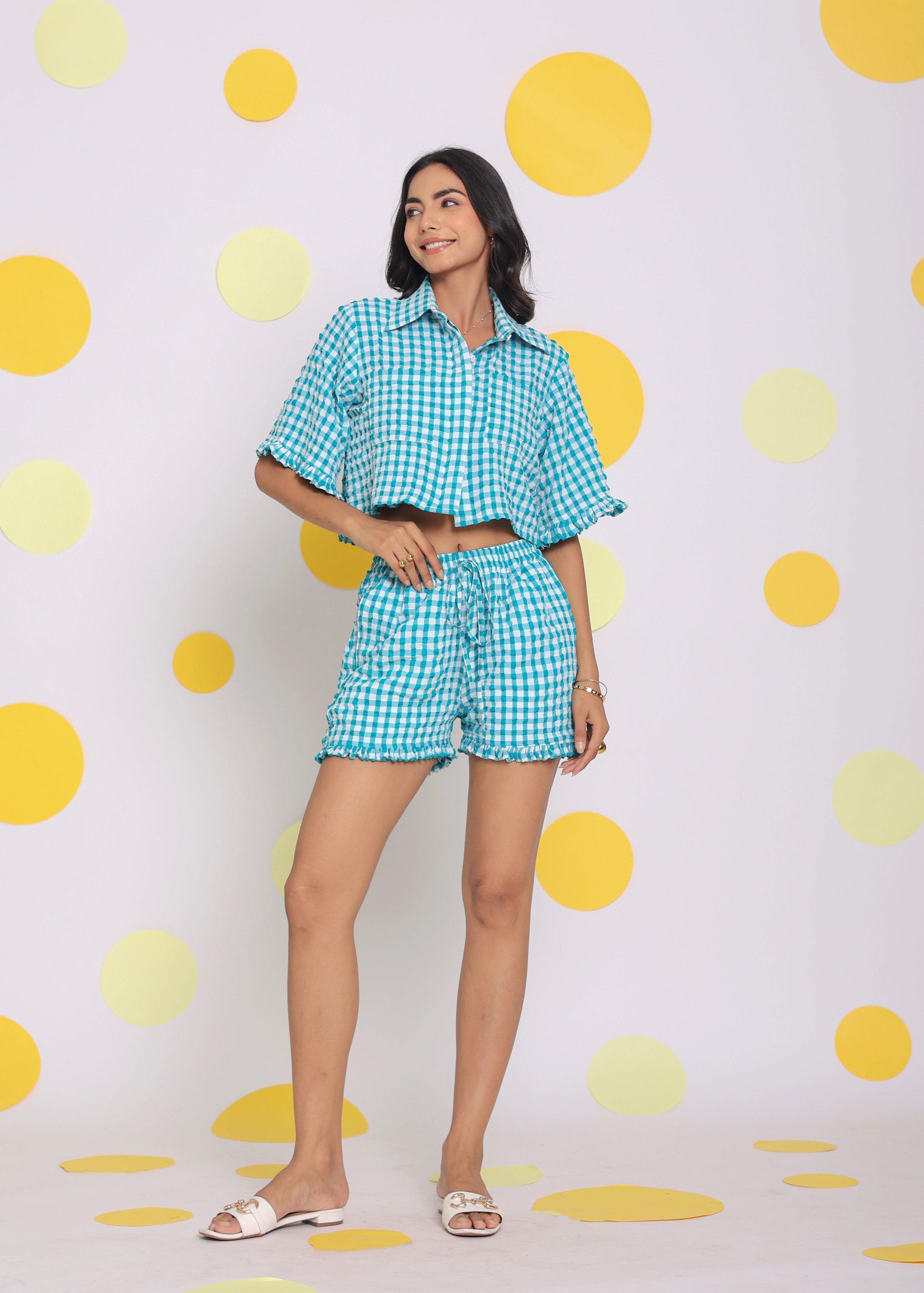 White and Aqua Blue Summer Relaxed Casual High Waist Drawstring Shorts - Kaoribyshreya