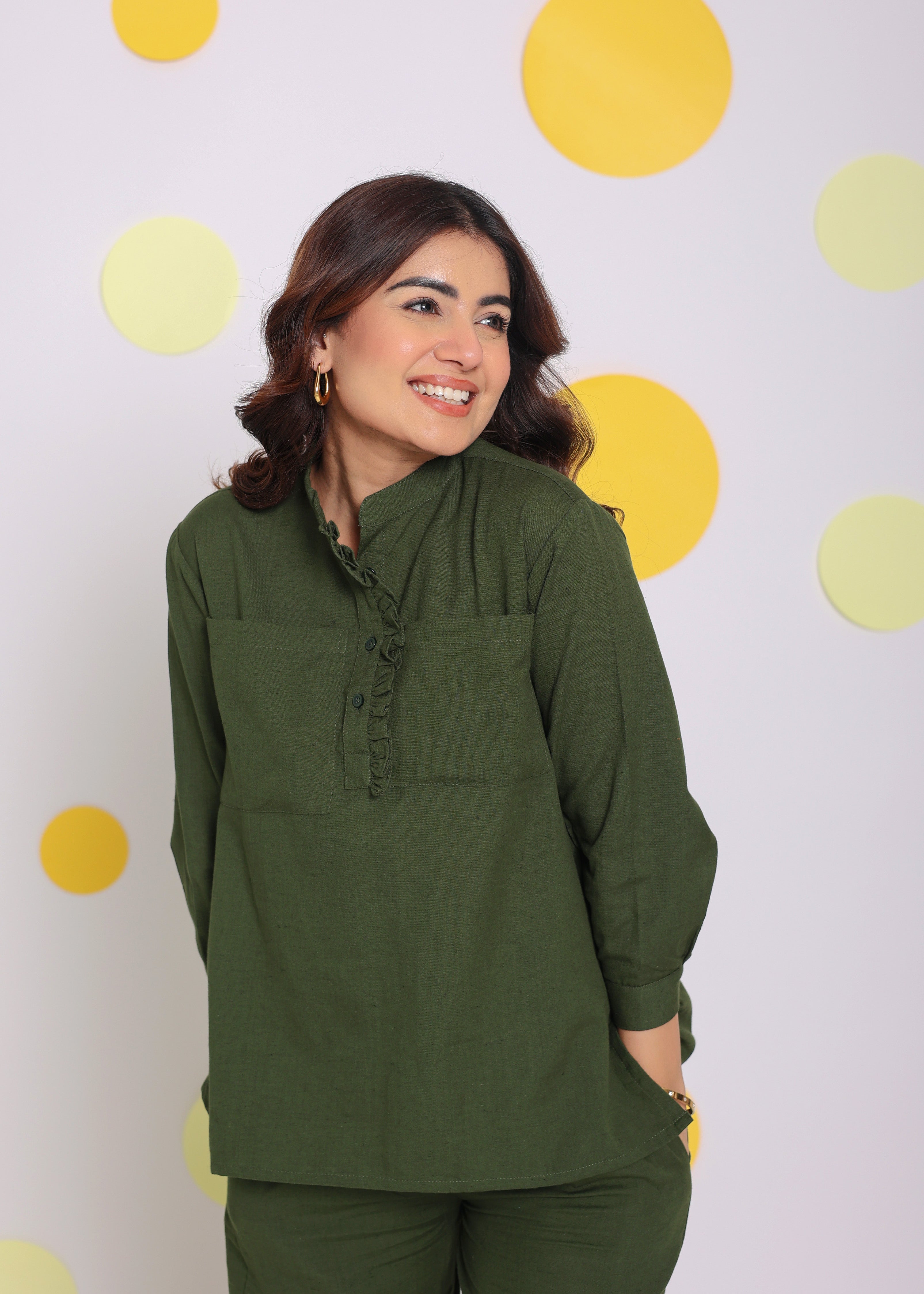 Olive Green Summer With Frill Detailing Relaxed Collared Formal Linen Shirt - Kaoribyshreya