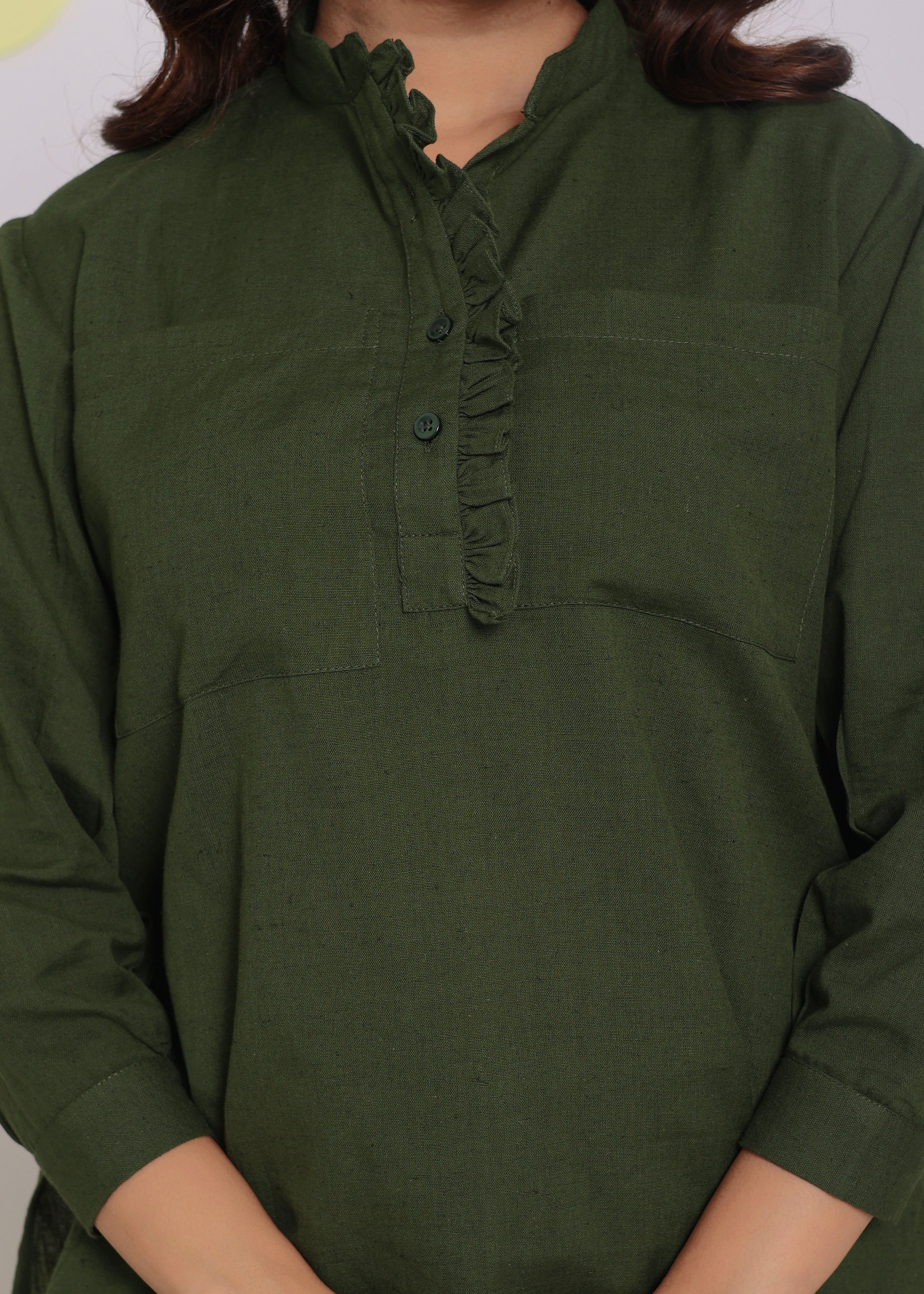 Olive Green Summer With Frill Detailing Relaxed Collared Formal Linen Shirt - Kaoribyshreya