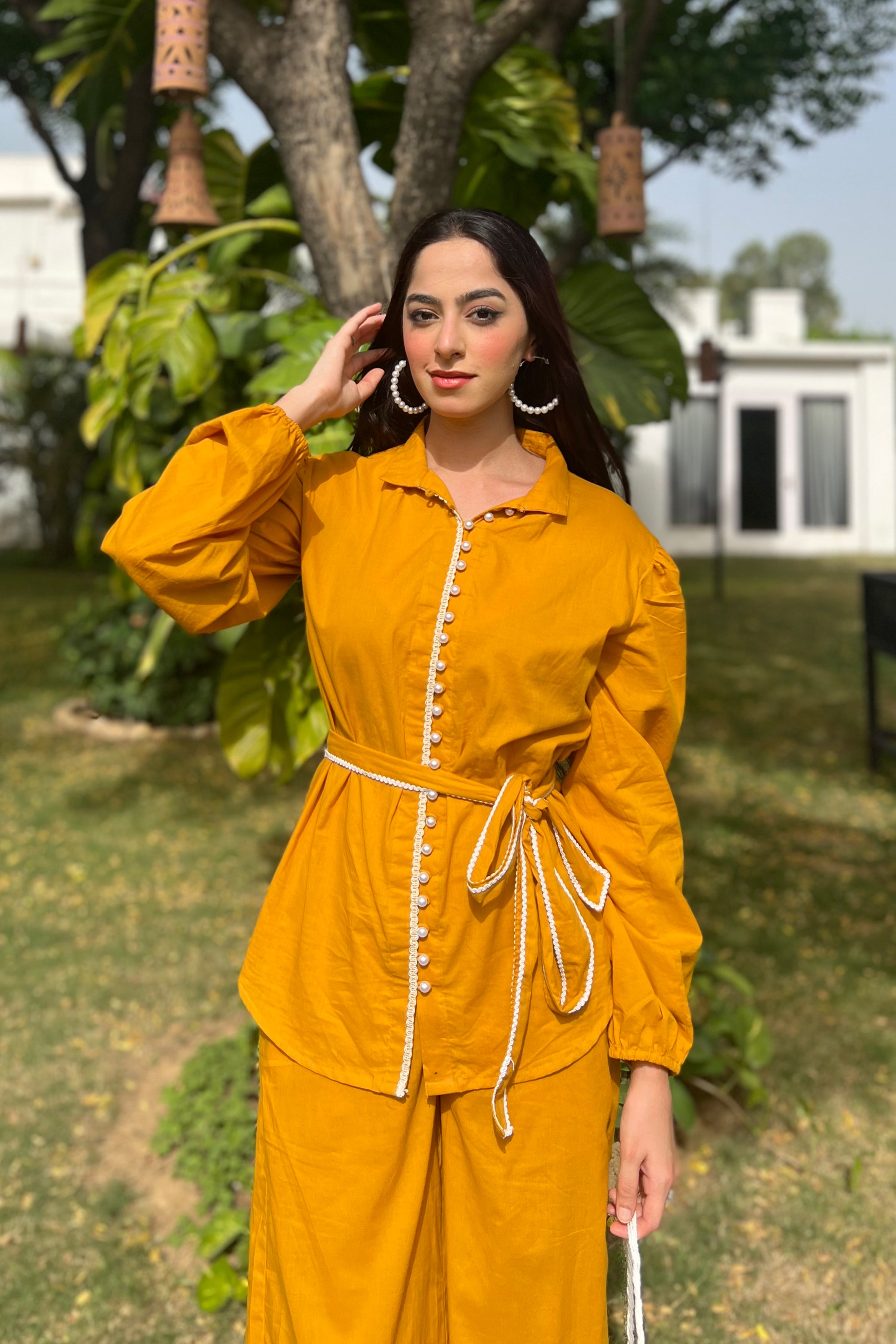 Mustard Yellow Summer Relaxed Top With Waist Belt - Kaoribyshreya