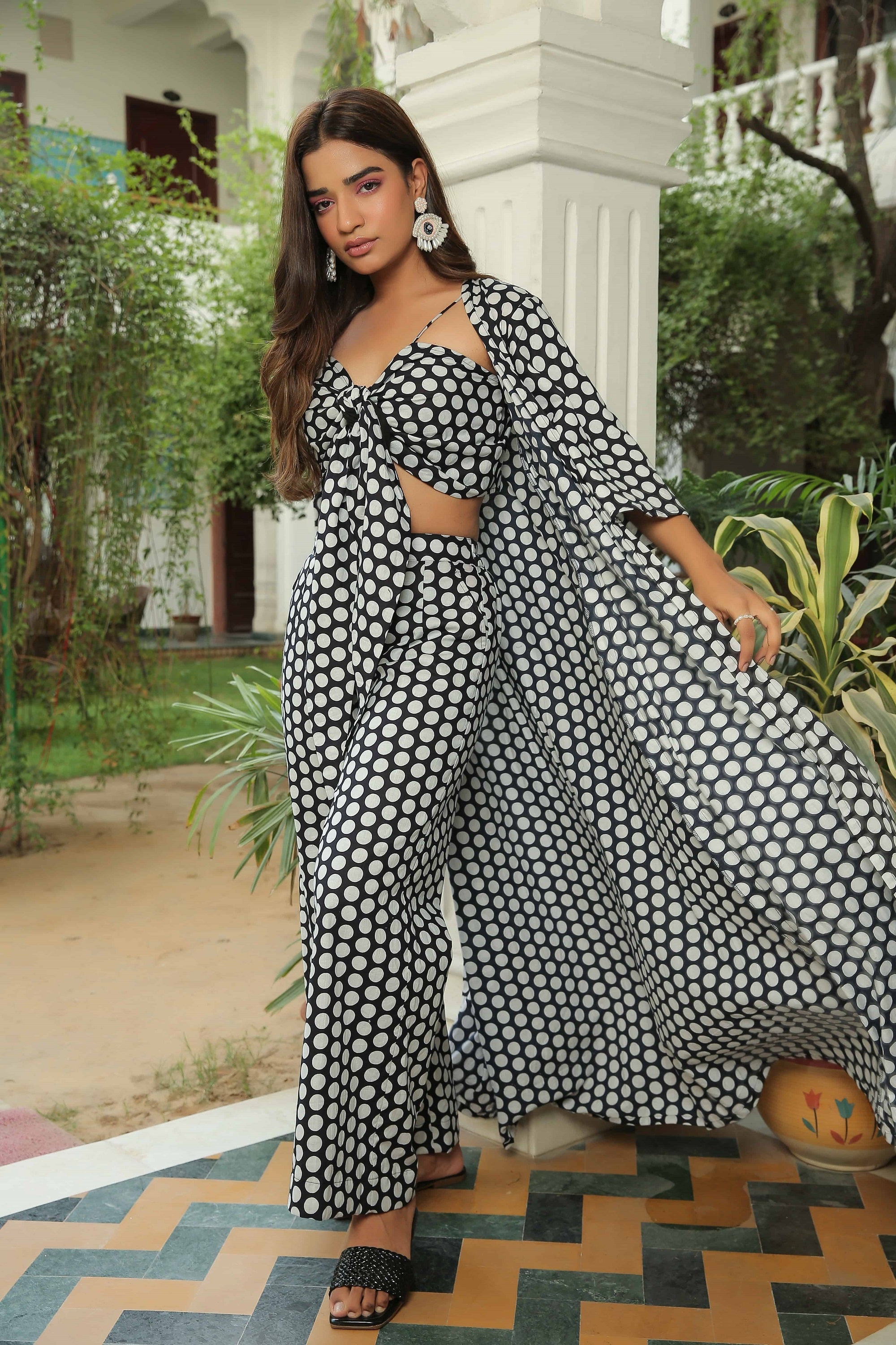 JET BLACK POLKA JACKET WITH FRONT TIE UP TOP AND PANT SET