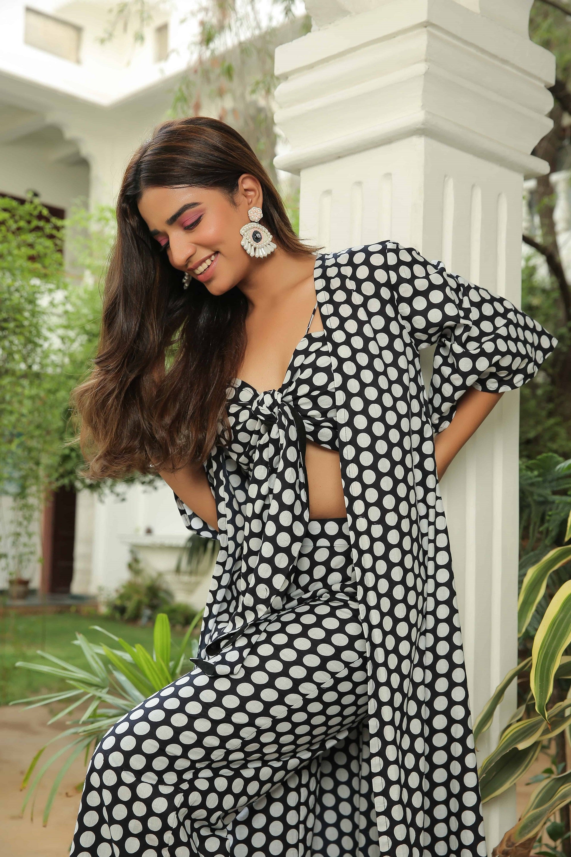 JET BLACK POLKA JACKET WITH FRONT TIE UP TOP AND PANT SET