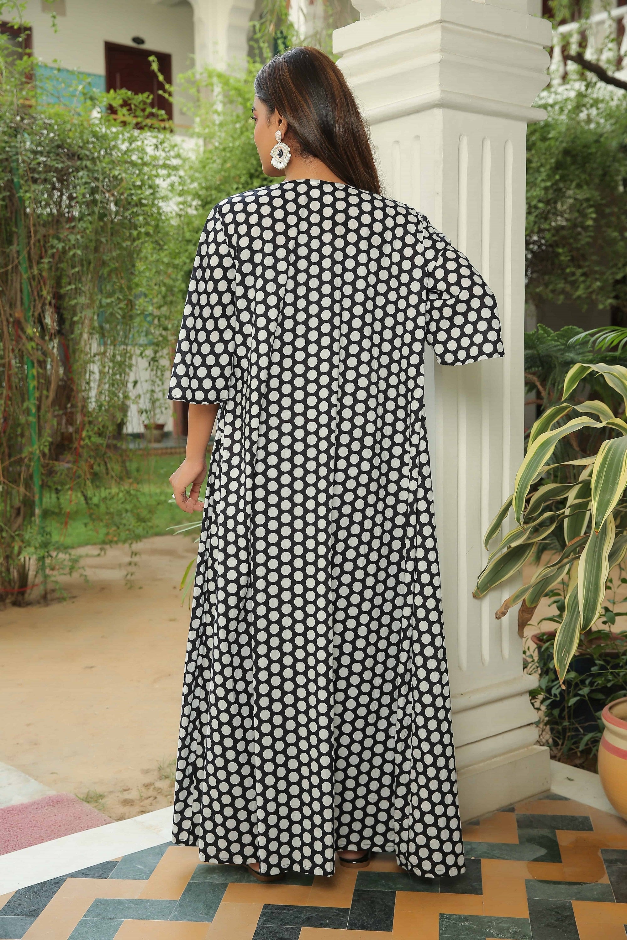 JET BLACK POLKA JACKET WITH FRONT TIE UP TOP AND PANT SET